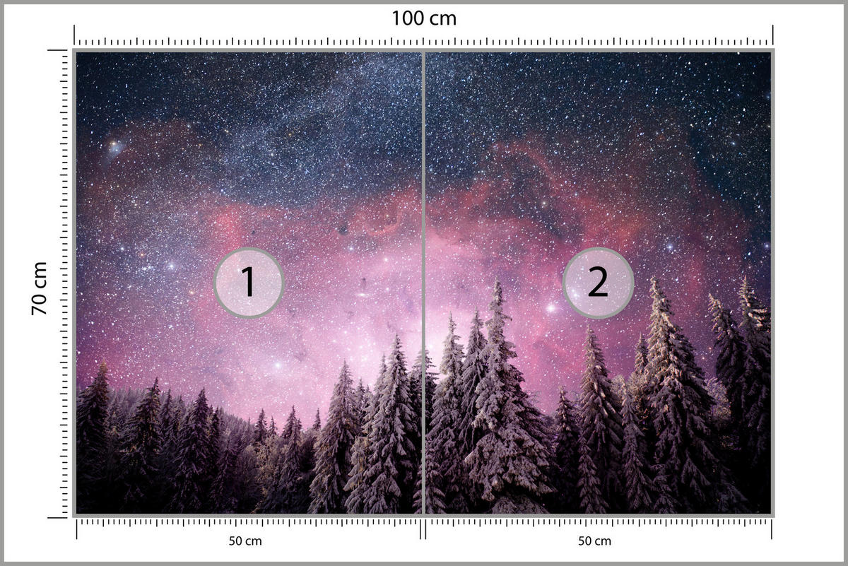 FOTOTAPETE für Schlafzimmer Verzauberter Tannenwald Winter Aurora 100x70 - Violett/Schwarz, Papier (100/70cm) - Muralo
