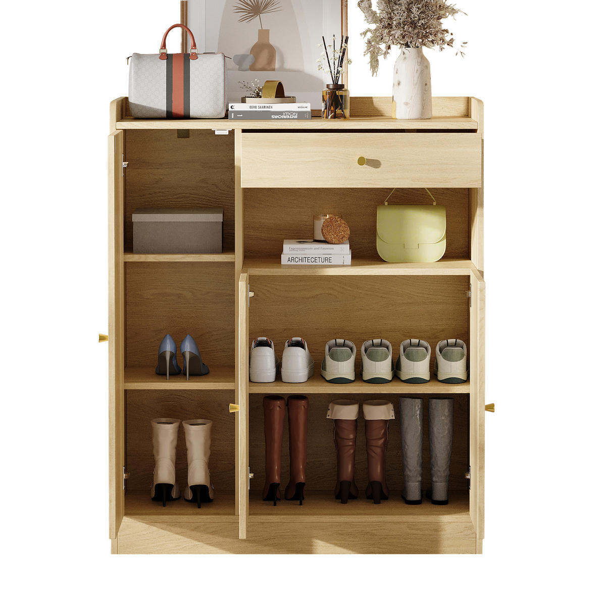 SCHUHSCHRANK DE-37947 mit 3 Türen und 1 Schublade Naturfarbe - Naturfarben, Holzwerkstoff (90/110/35cm) - ComfortXL
