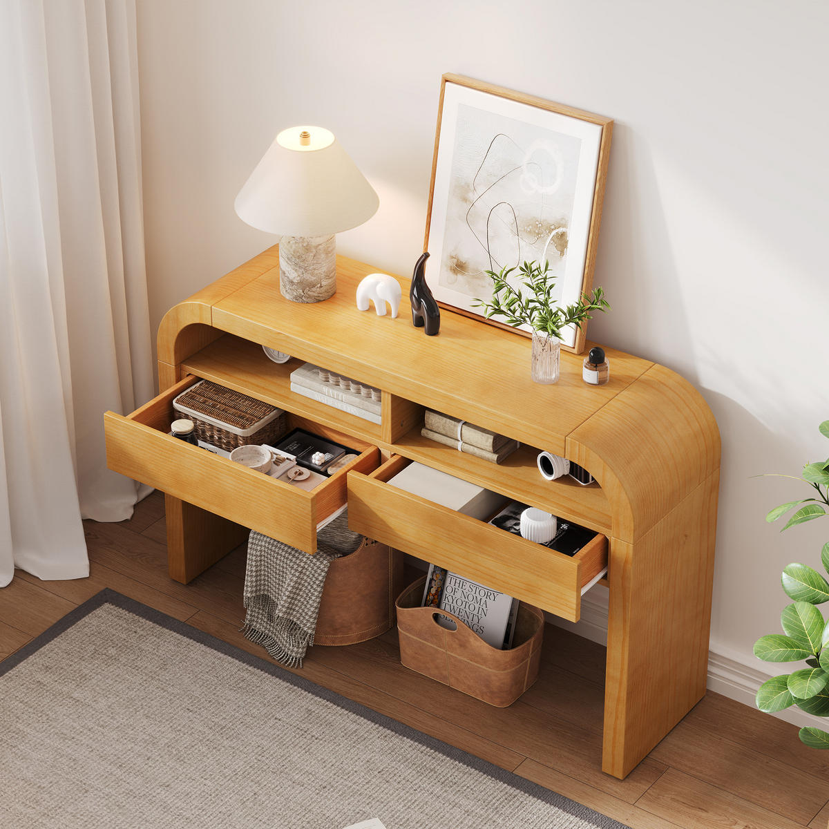 KONSOLENTISCH 120/35,5/76,5 cm natur aus MDF mit 2 Schubladen und verstellbaren Stellfüßen - Naturfarben, Holzwerkstoff (120/35.5/76.5cm) - OKWISH