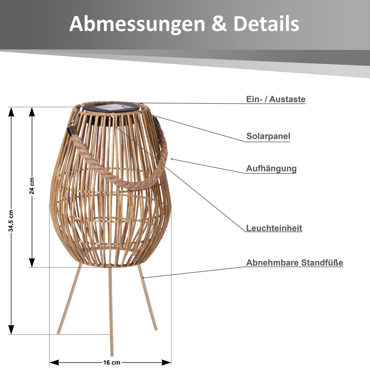 SOLAR-GEFLECHTLATERNE Oval natur Ø18 5cmx24cm Kunststoff-Rattan-Metall - Naturfarben, Metall (16/16/35cm) - Northpoint