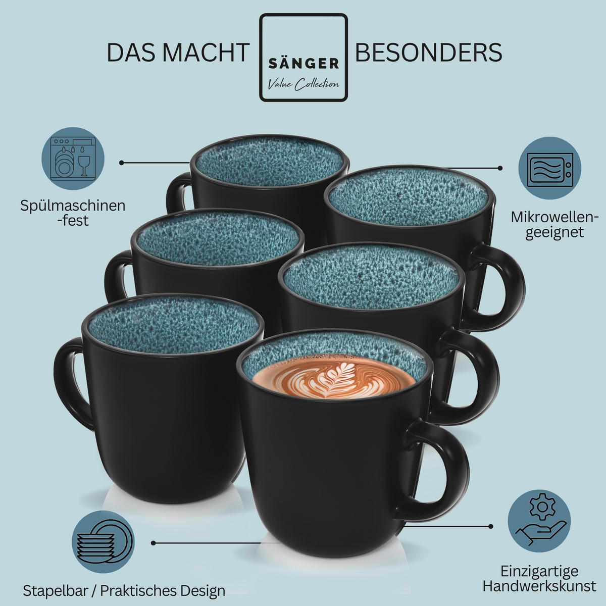 KAFFEEBECHER SET VIGO - 6 teilig aus Steingut - Blau, Stein (0.4L) - Sänger