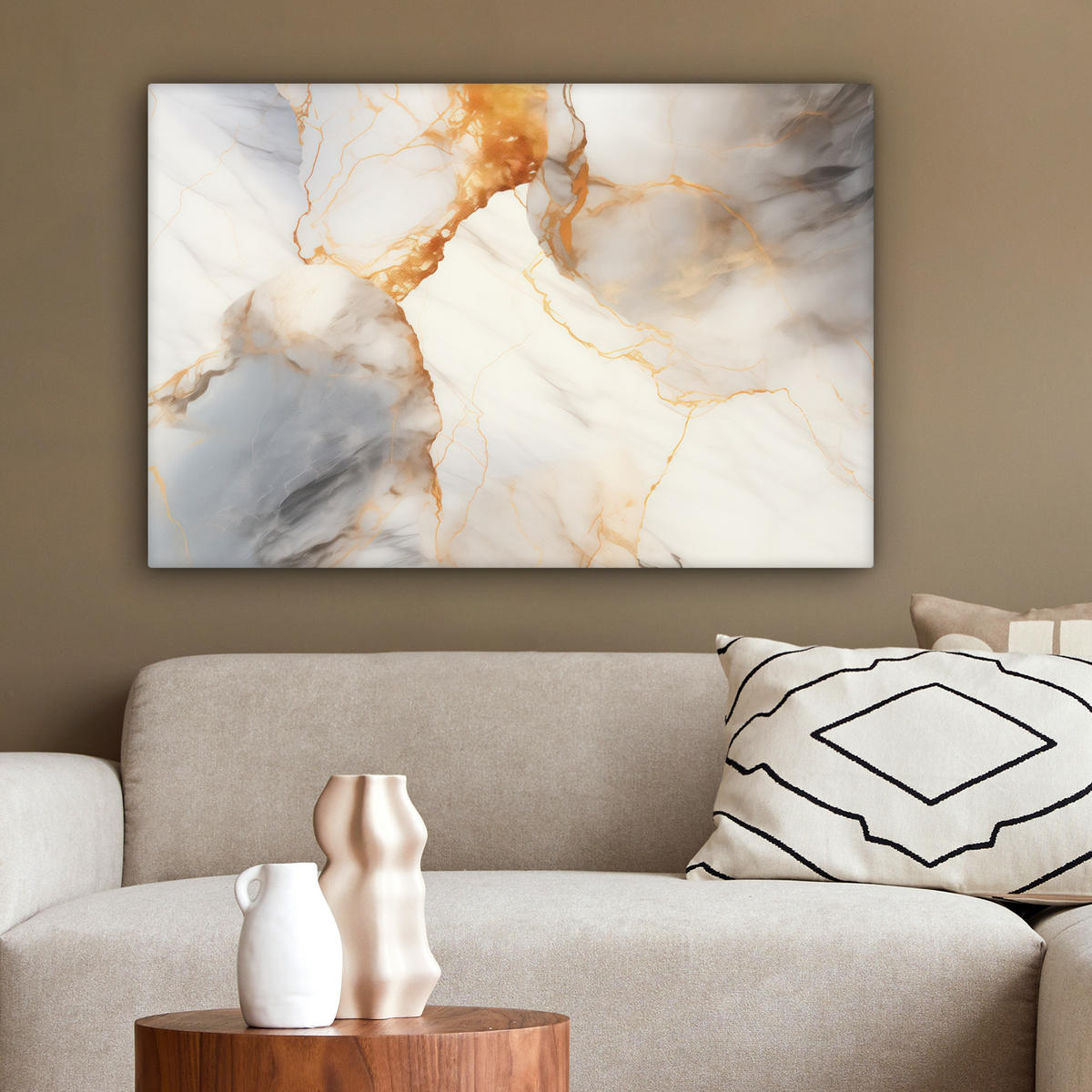 LEINWANDBILD Marmor - Grau - Gold Gemälde 60x40 cm - Weiß, Textil (60/40cm) - MuchoWow