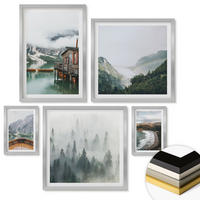 WANDBILDER 5er Set - 50x50 cm & 20x30 cm & 40x60 cm Silberner Rahmen - Berge, See, Boot, Nebel, Strand - Silberfarben, Kunststoff (40/60cm) - ArtPrintCave