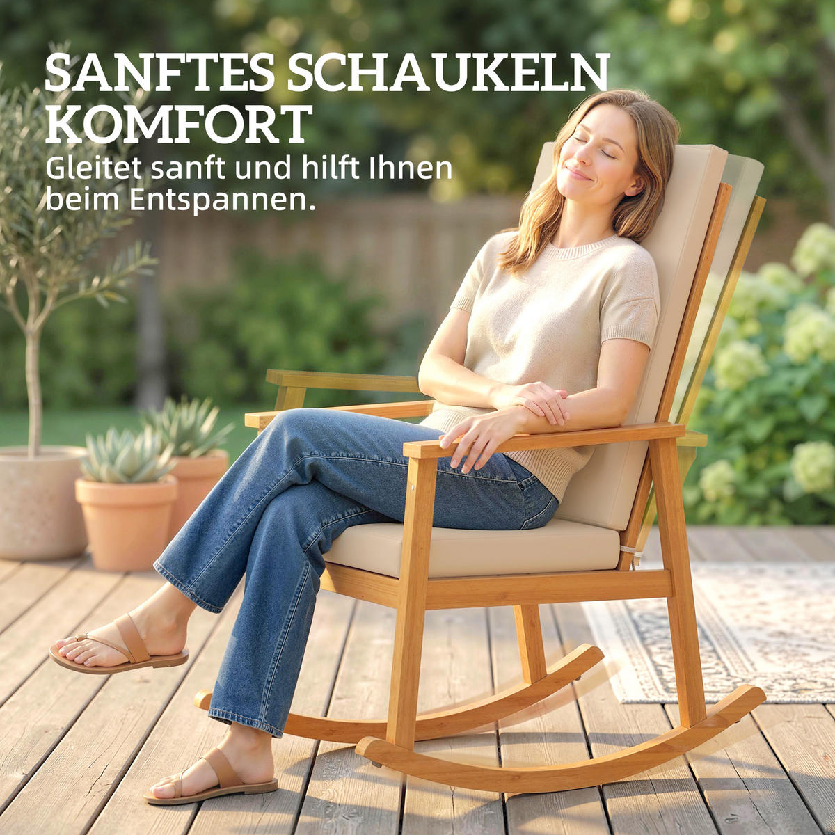 SCHAUKELSTUHL Akazienholz Polyester Beige - Beige/Akaziefarben, Holz/Textil (60/107/89cm) - Outsunny