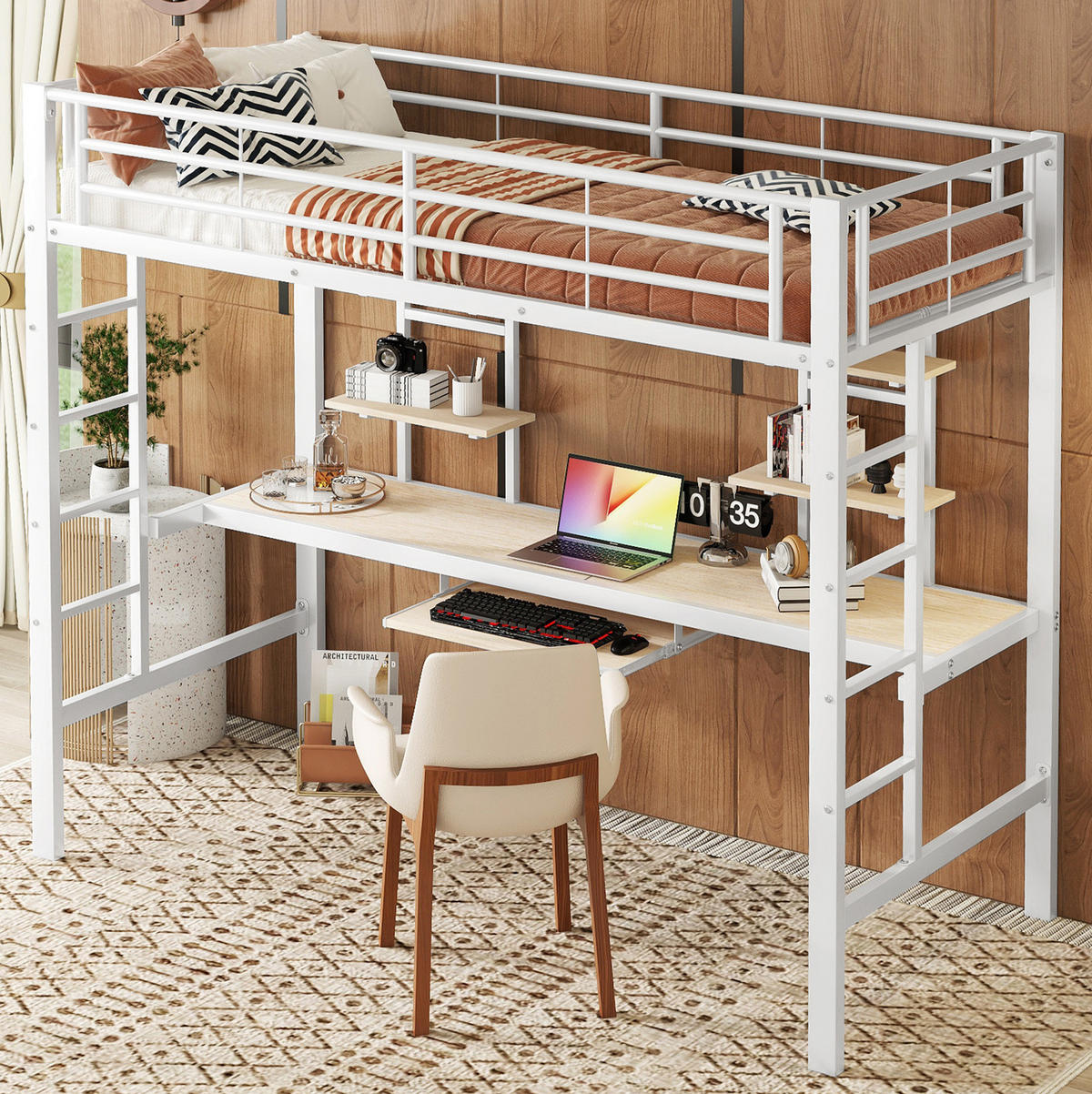 HOCHBETT mit Schreibtisch 90/200 cm in Weiß – mit Regalen, Leiter und Rausfallschutz - Weiß, Metall (90/200cm) - BEAOK