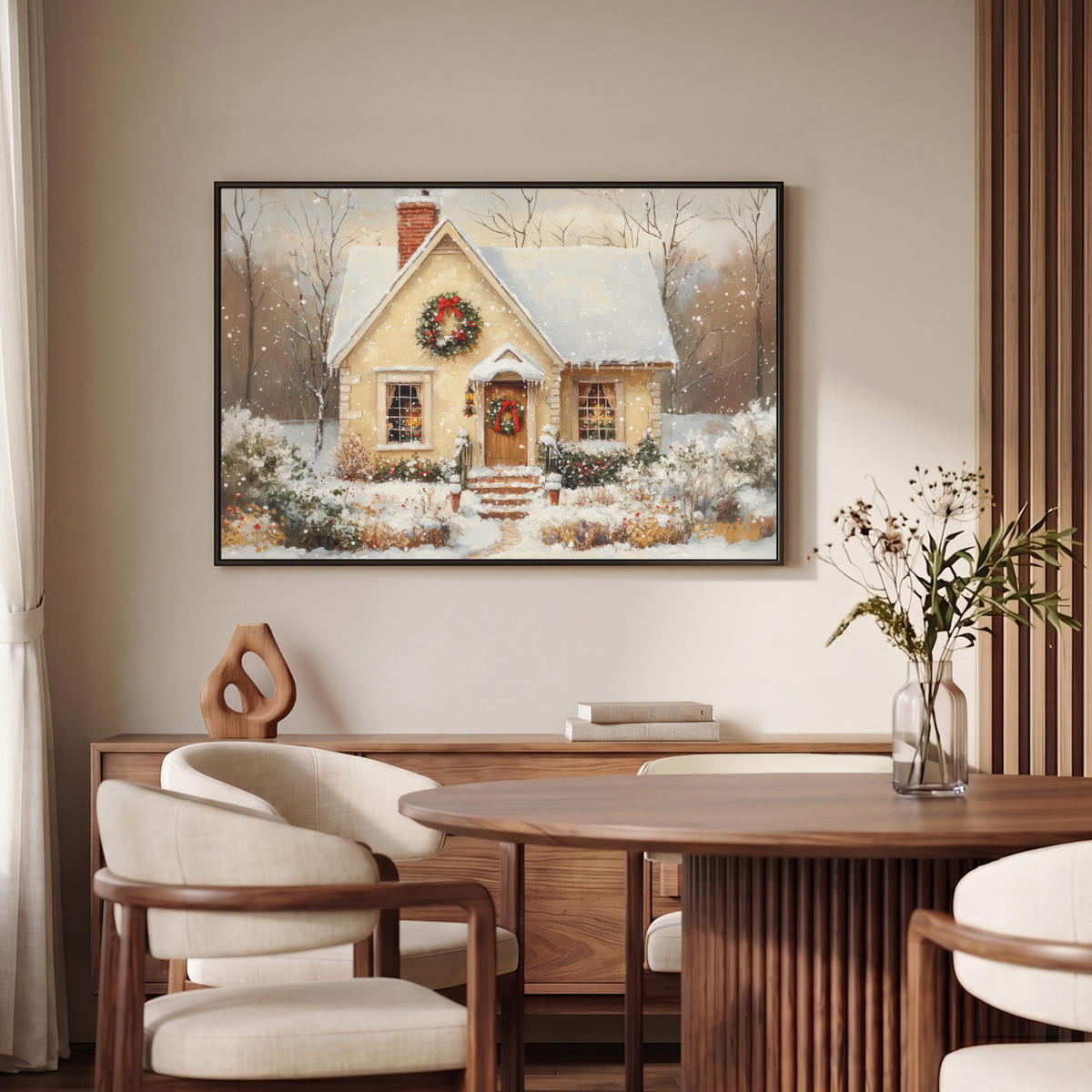 LEINWAND Bilder mit Rahmen - Weihnachten - Zuhause - Winter - Schnee - 90x60 - Creme, Textil (90/60cm) - MuchoWow
