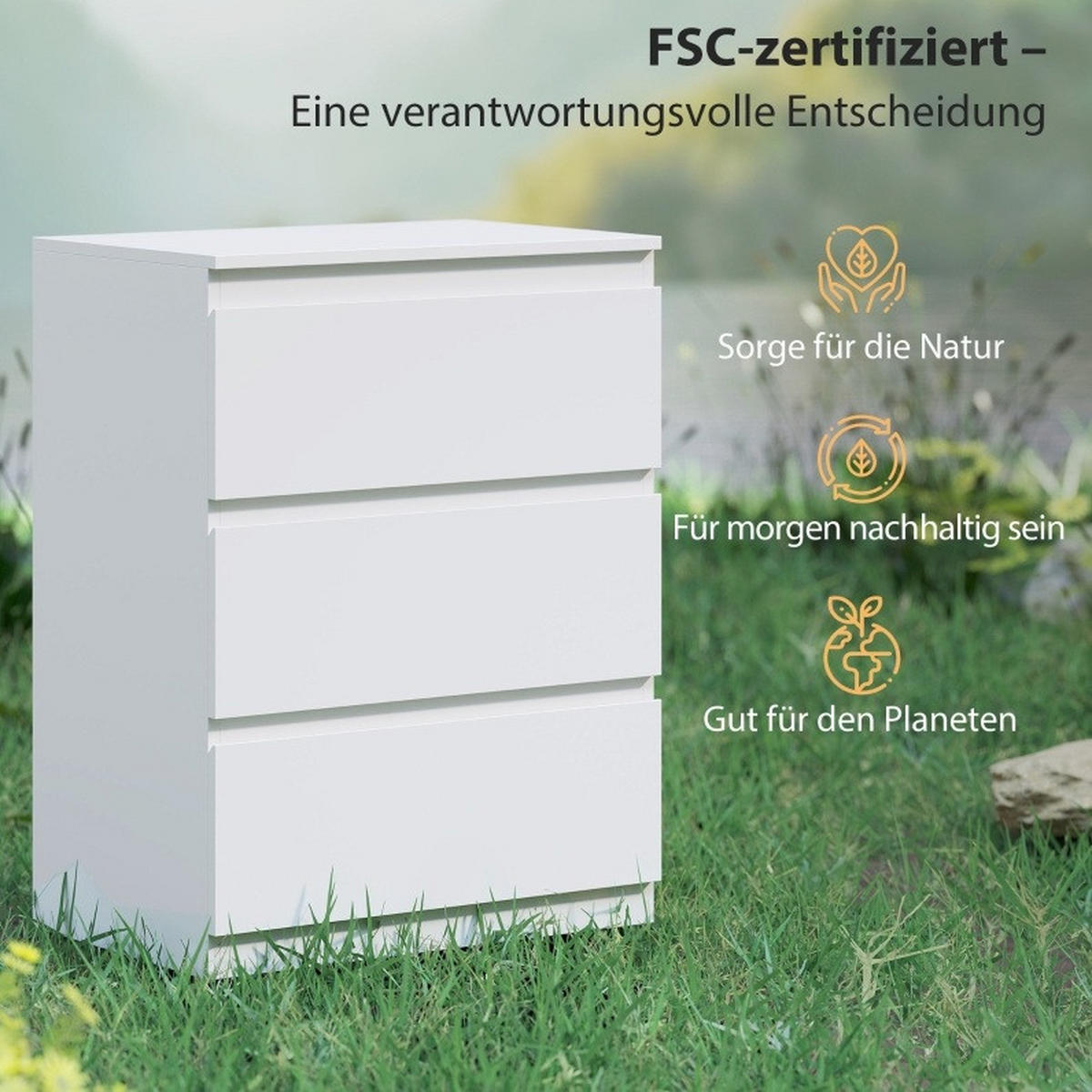 KOMMODE 60/40/79 cm mit 3 Schubladen – grifflos in Weiß - Weiß, Holz (60/79/40cm) - BEAOK