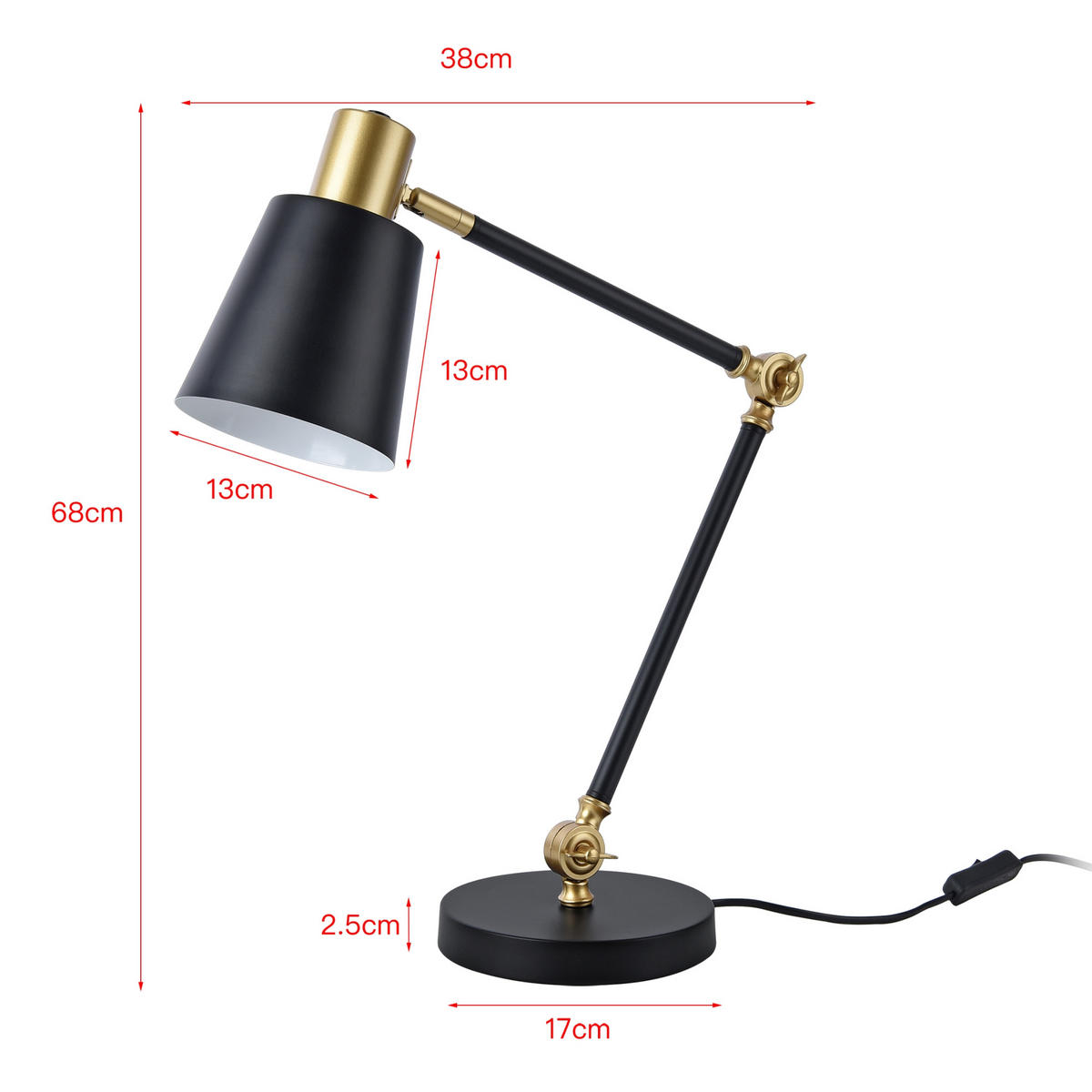 SCHREIBTISCHLAMPE Abergele - Goldfarben/Schwarz, Metall (17/38/68cm) - lux.pro