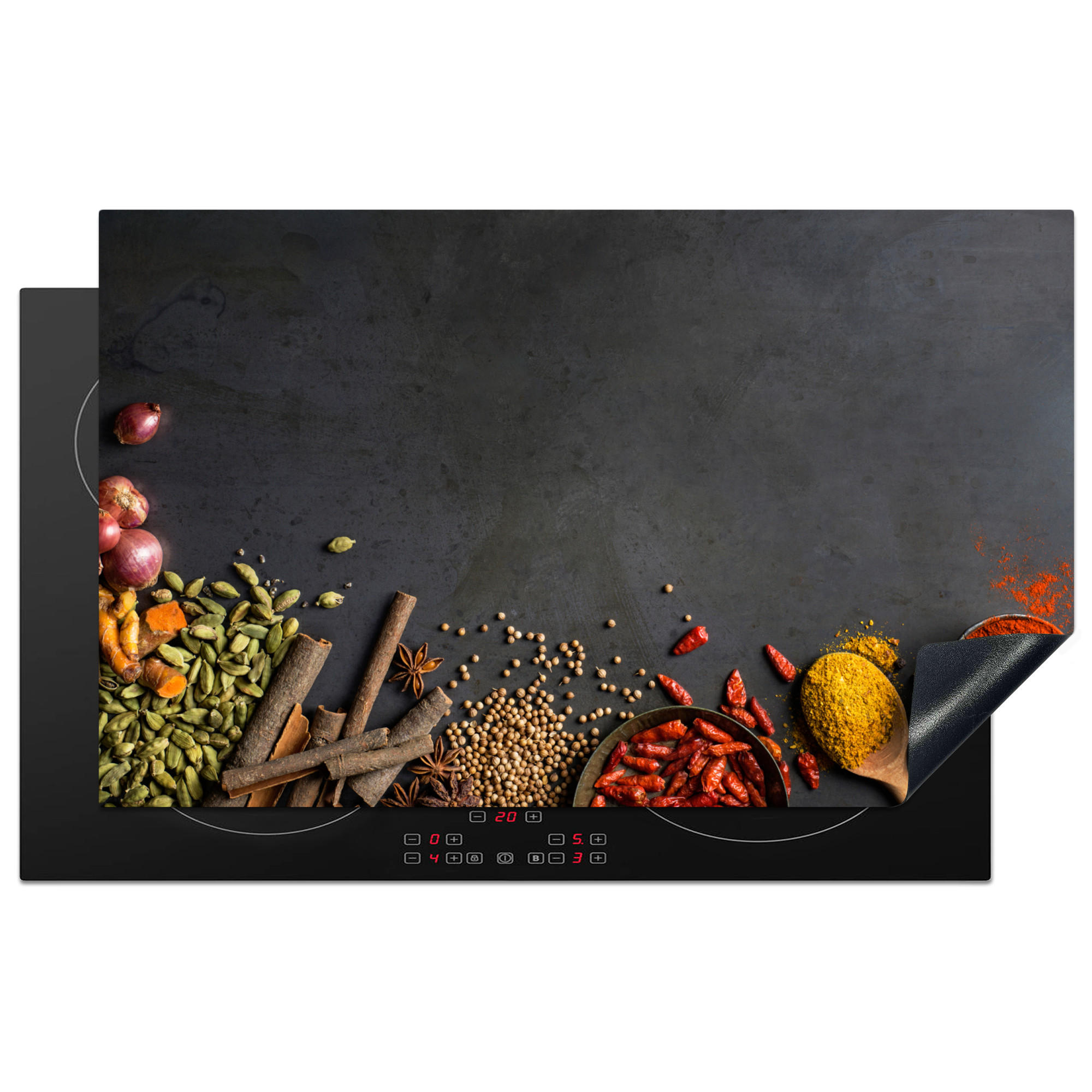MuchoWow KRYT NA INDUKČNÍ DESKU Bylinky - Potraviny - Koření - Černá - Paprika - Skořice 83x51 cm