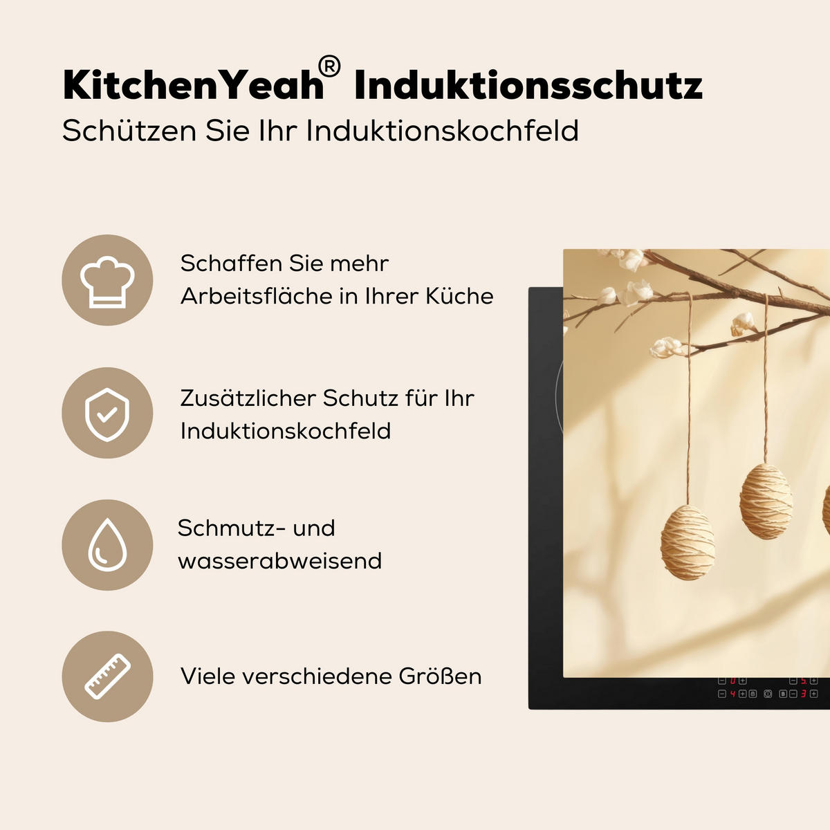 HERDABDECKPLATTE Beige - Osterkuchen - Eier Induktionsmatte 78x78 cm - Beige, Kunststoff (78/78/0.2cm) - MuchoWow