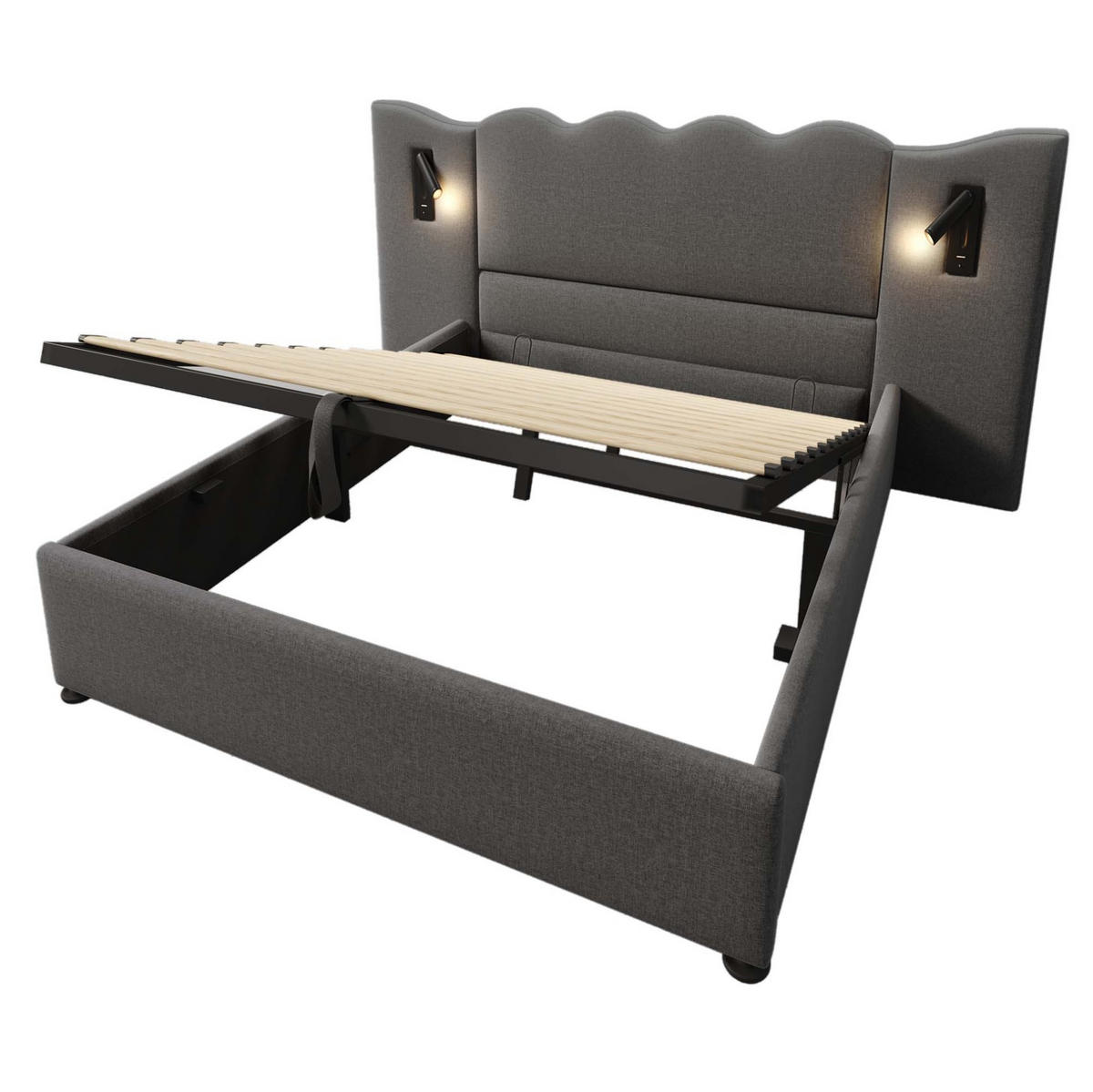POLSTERBETT 160/200 cm mit Leselampe, USB- und Type-C-Anschluss, hydraulischem Stauraum und Matratze, Grau - Grau, Textil (160/200cm) - Redom