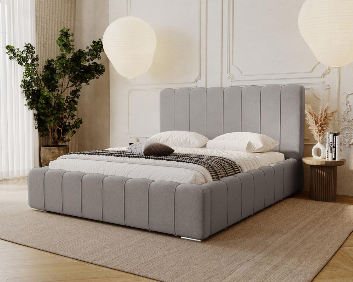 POLSTERBETT 140x200 mit Lattenrost, Bettkasten, Lisbon, Hellgrau - Hellgrau, Holz/Textil (140/200cm) - Emporius