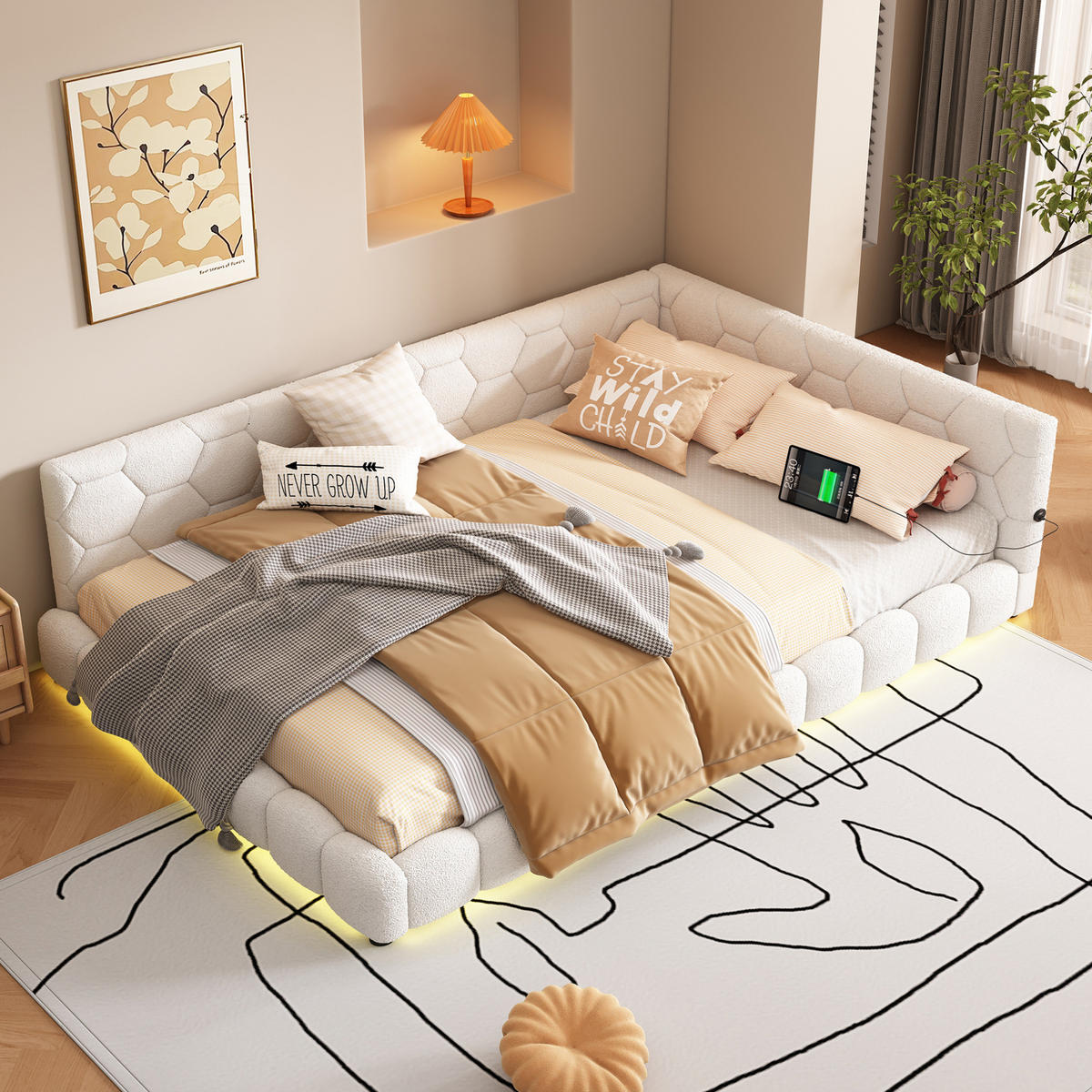 POLSTERBETT 140/200 cm aus Vliesimitat und MDF mit LED-Beleuchtung, USB- und Typ-C-Anschluss Weiß - Weiß, Textil (140/200cm) - Modenvie