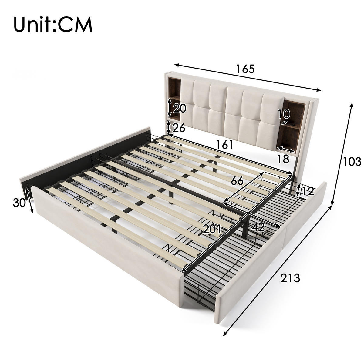 POLSTERBETT mit Matratze 160/200 cm mit kabellosem Laden, USB-C, 4 Schubladen und Matratze, Samt, Beige - Beige, Textil (160/200cm) - Redom