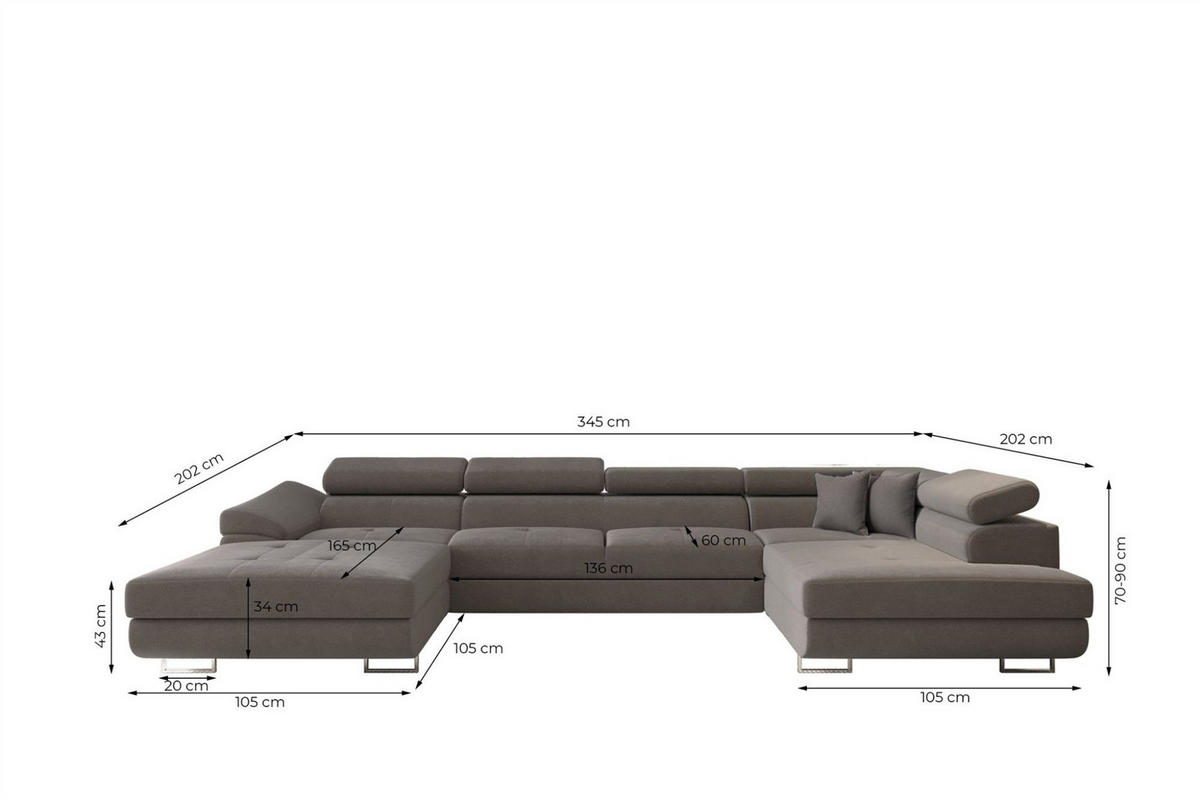 WOHNLANDSCHAFT Carmelo In Nova - Anthrazit, Holzwerkstoff/Textil (345/90/202cm) - Fun Möbel