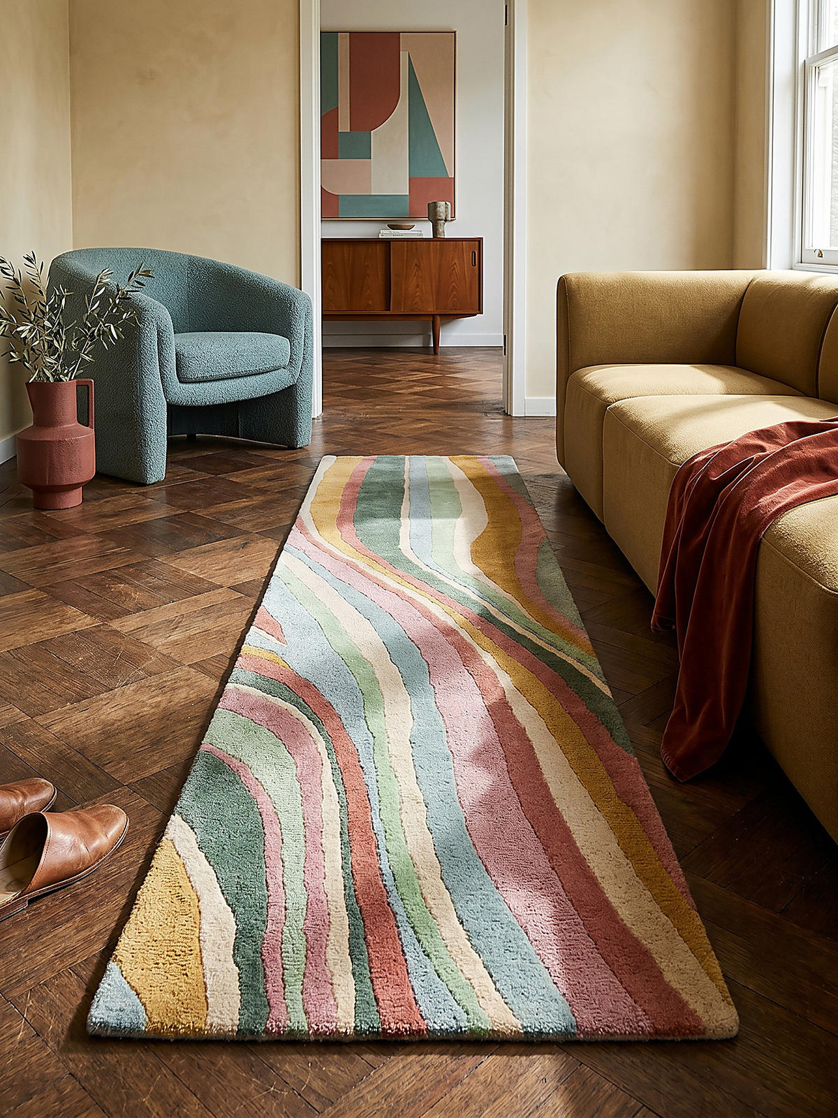 WOLLTEPPICH DERWENT, abstrakt, Grün-Bunt, 60 x 230 cm - Multicolor, Textil (60/230cm) - KADIMA DESIGN
