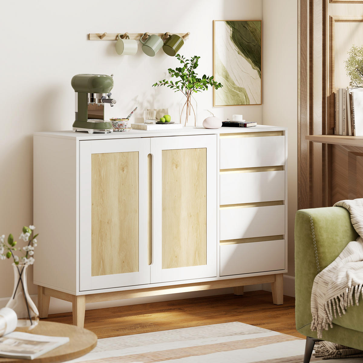 SIDEBOARD Weiß und Eichenfarben 120/40/86 cm - Weiß, Holzwerkstoff (120/86/40cm) - PANGIVO