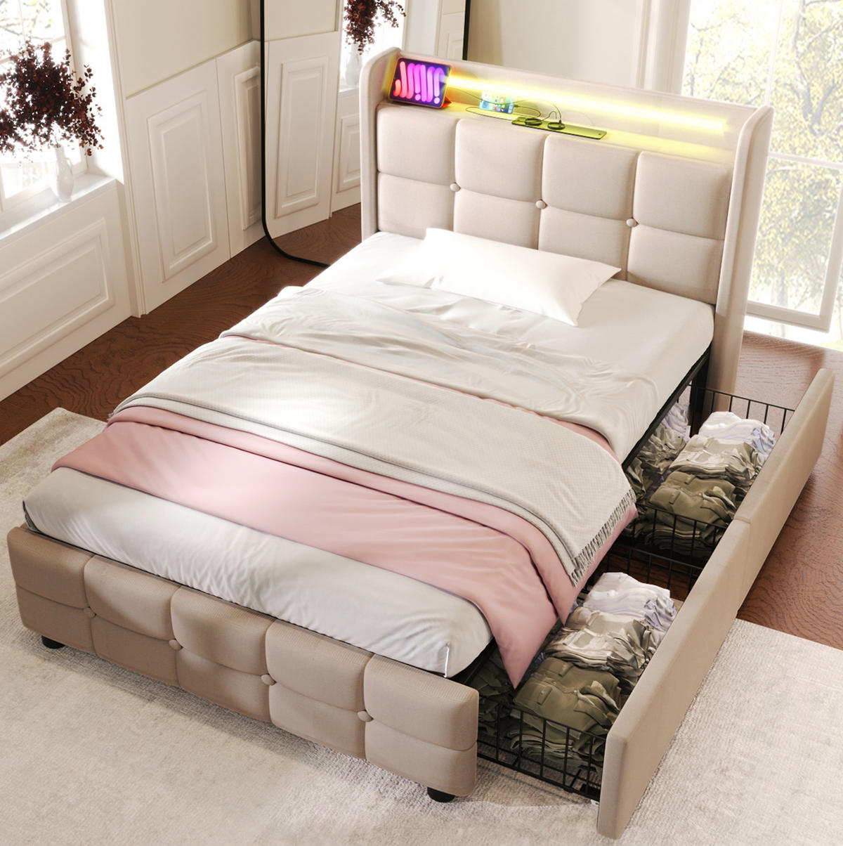 POLSTERBETT aus Holz 90x200 cm in Beige mit LED & USB-Ladestation - Beige, Holz (90/200cm) - Modfu