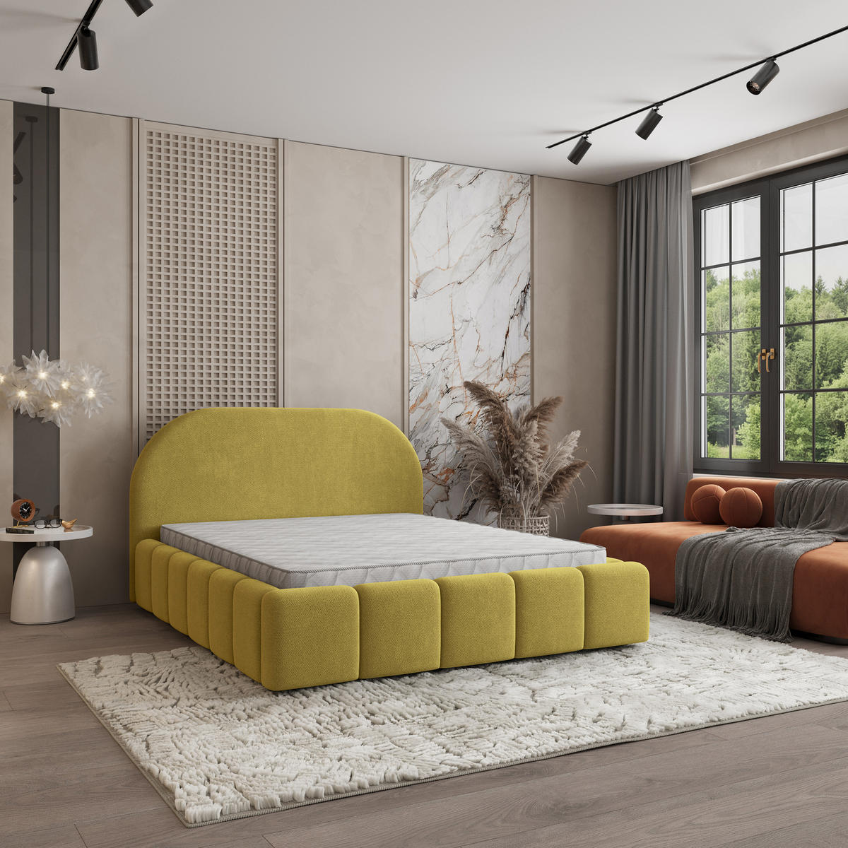 POLSTERBETT FLUSSO 160x200 cm mit Bettkästen - Gelb - Gelb, Holz (160/200cm) - MASSENO