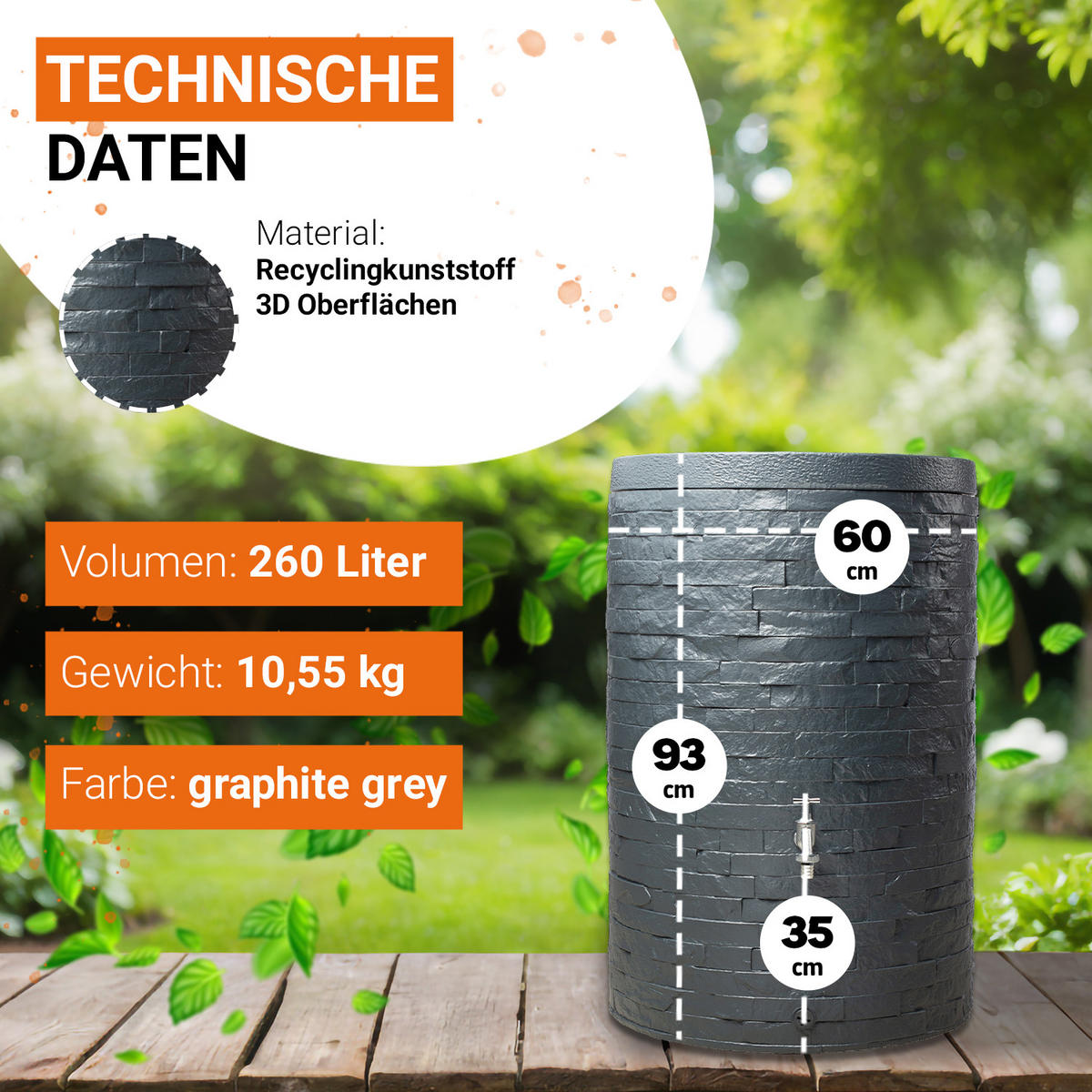 REGENTONNEN Komplett-Set 260 L graphite grey inkl. Chrom-Auslaufhahn und Fallrohranschluss - Grau, Kunststoff (60/93/60cm) - GARANTIA