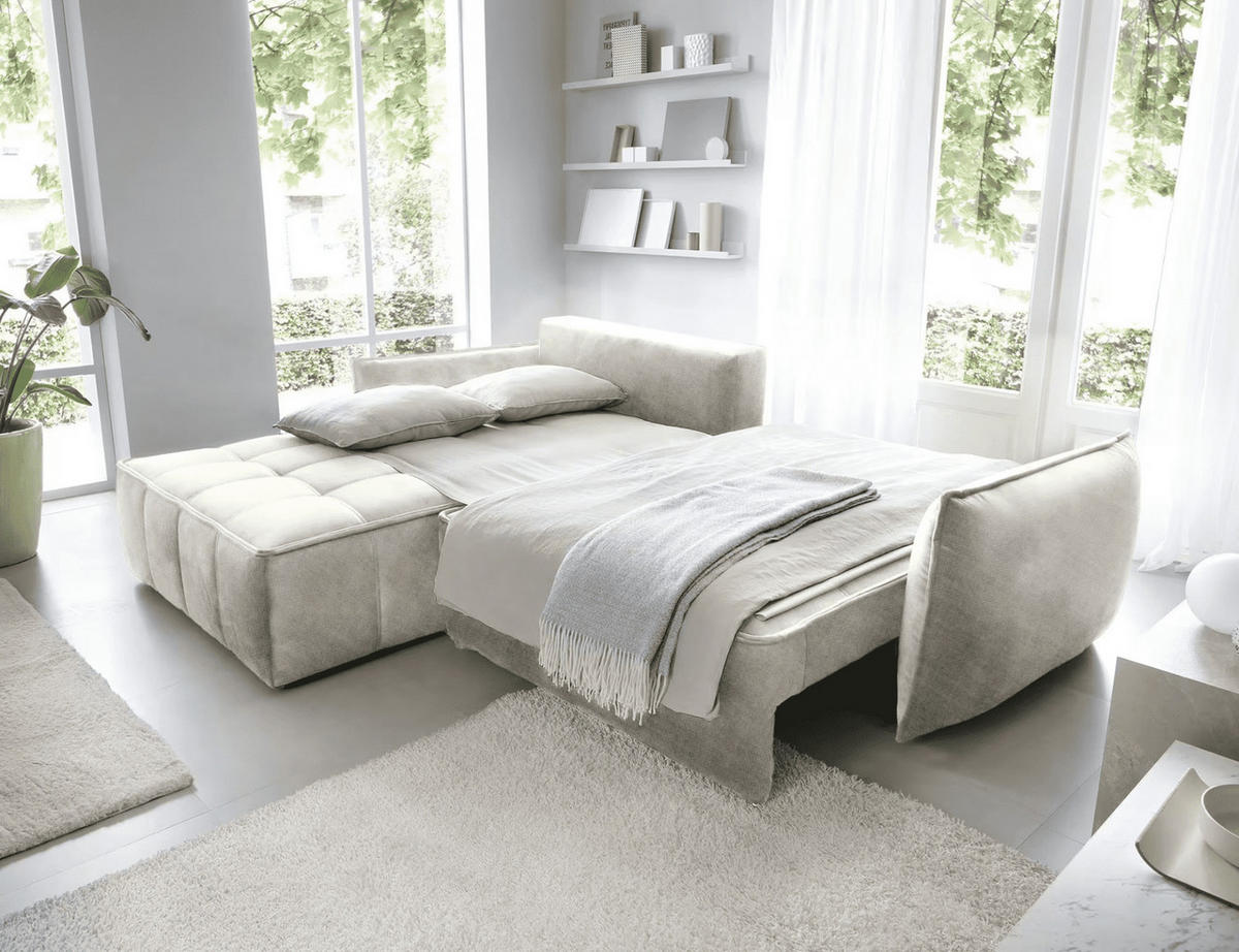 ECKSOFA mit Schlaffunktion und Bettkasten - Beige, Textil (265/196cm) - Eltap