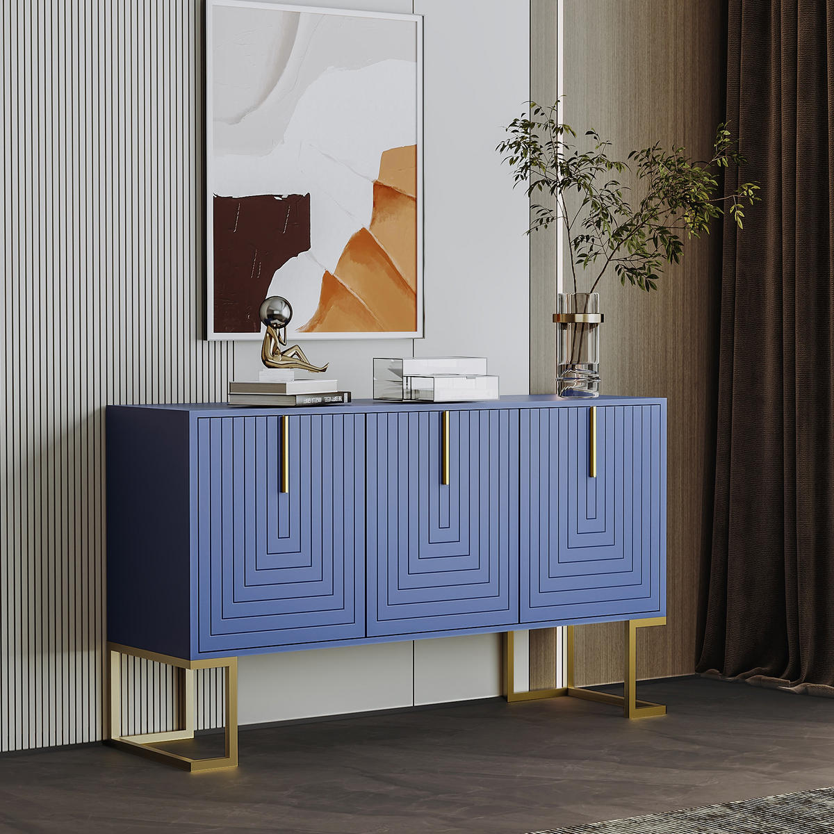 SIDEBOARD 138×40×80,5 cm aus MDF mit L-förmiger Metallbasis & goldenen Griffen, navyblau - Blau, Holzwerkstoff (40/80.5/138cm) - Luhomfu