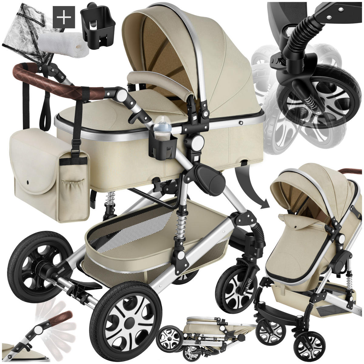 KOMBI-KINDERWAGEN Mats,für 0 bis 36 Monate geeignet, Belastbarkeit 15 kg,grau/beige - Beige/Grau, Kunststoff (100/63/120cm) - tectake