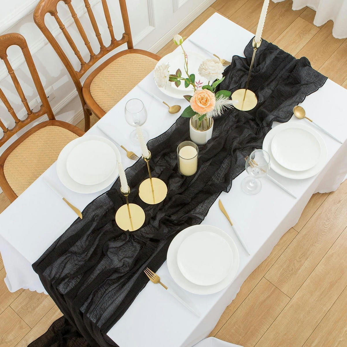 TISCHLÄUFER Musselin Schwarz 400 x 80 cm - Schwarz, Textil (400/80/1.5cm)