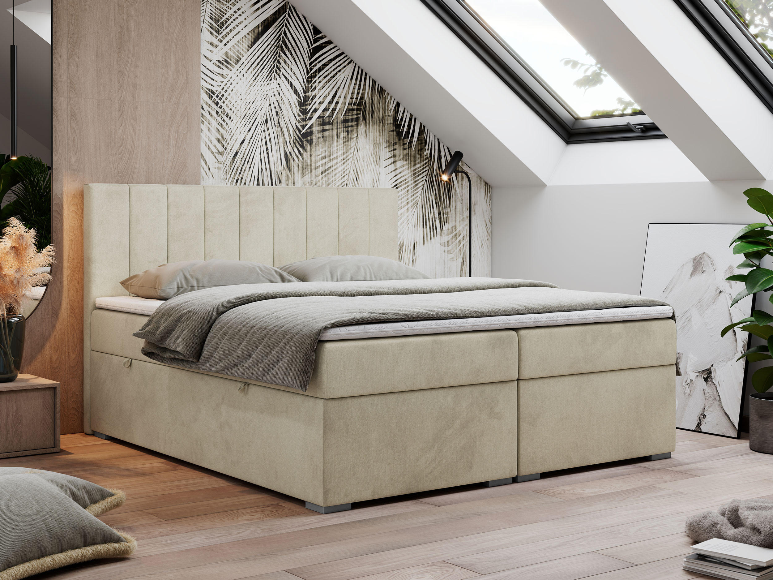 BOXBETT LOPE 140/200 - Beige Velvet - H3 - Beige, Holz/Textil (140/200cm)