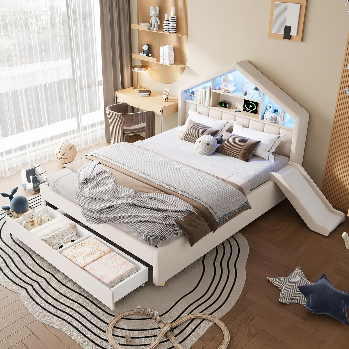 SPIELBETT 140/200 cm mit Rutsche und LED, DE-41740, in Beige - Beige, Holzwerkstoff (140/200cm) - ComfortXL