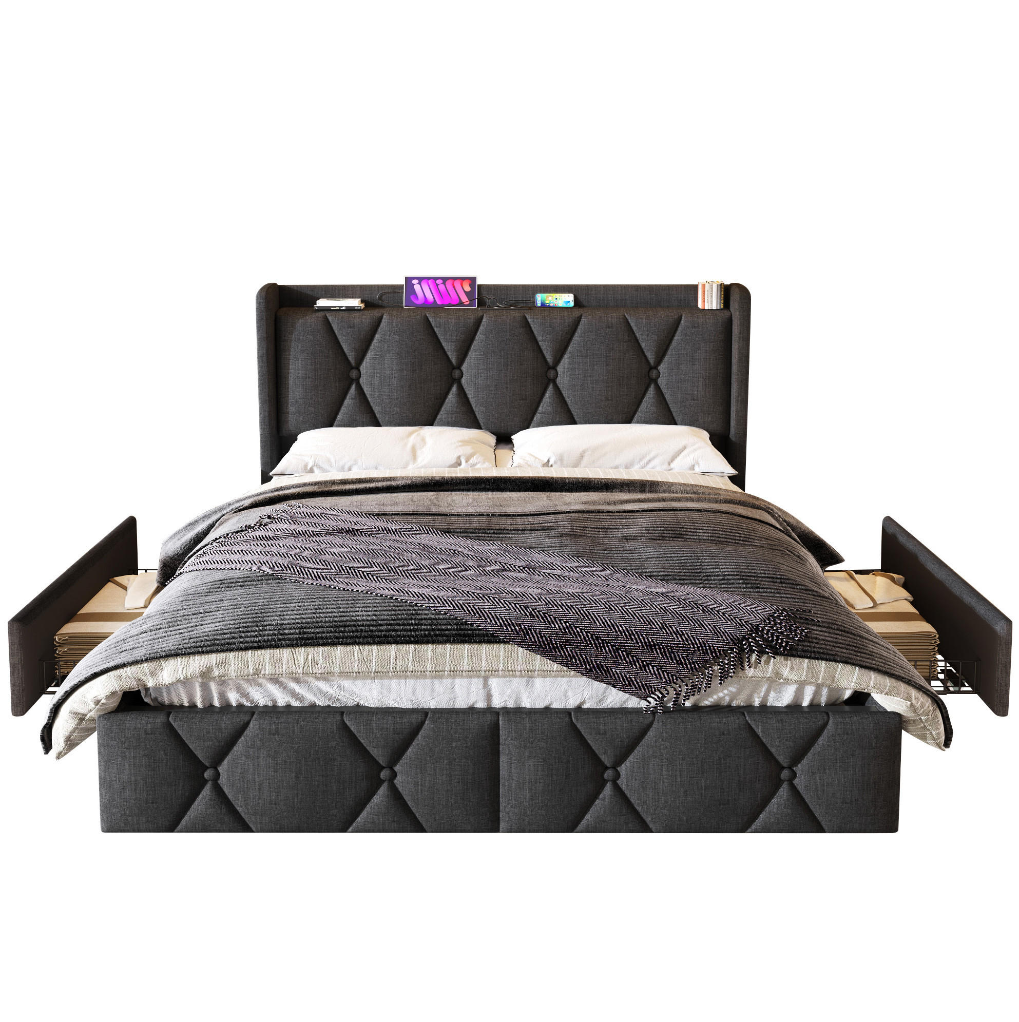POLSTERBETT 140/200 cm mit 4 Schubladen, USB und Steckdosen, Grau - Grau, Textil (140/200cm) - BEAOK