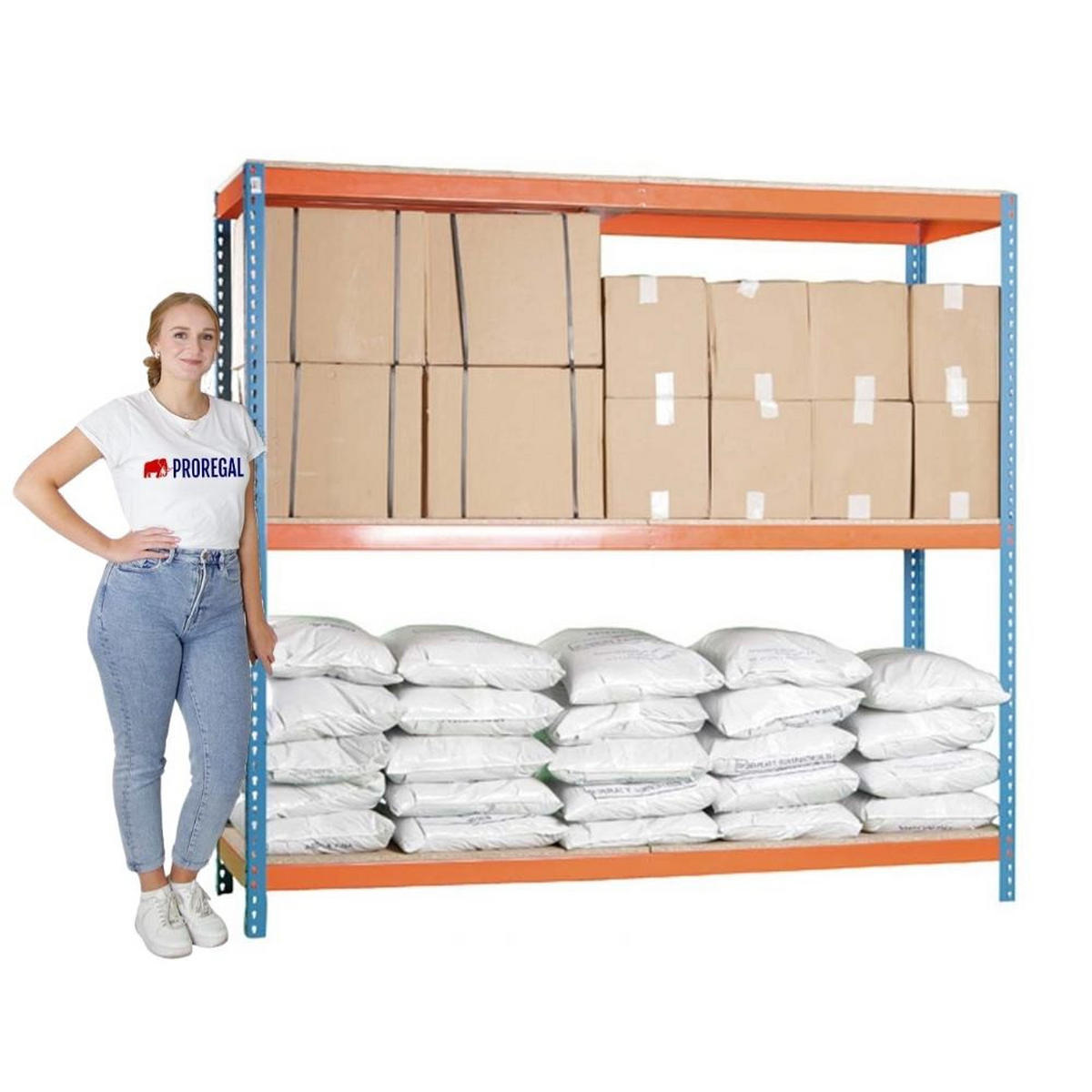 SCHWERLASTREGAL Wood Beast Three HxBxT 200 x 240 x 60 cm 3 Ebenen Fachlast 400 kg Blau-Orange - Gelb, Metall (240/200/60cm) - PROREGAL