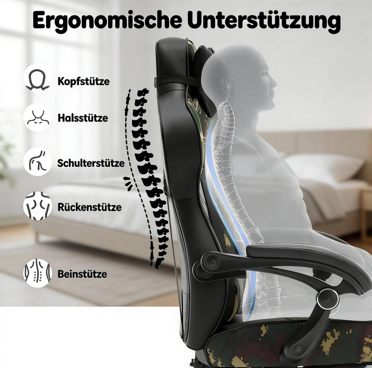 GAMING-STUHL höhenverstellbar mit Fußstütze Kunstleder Schwarz/Grün - Schwarz, Metall (46/128/70cm) - Meubliv