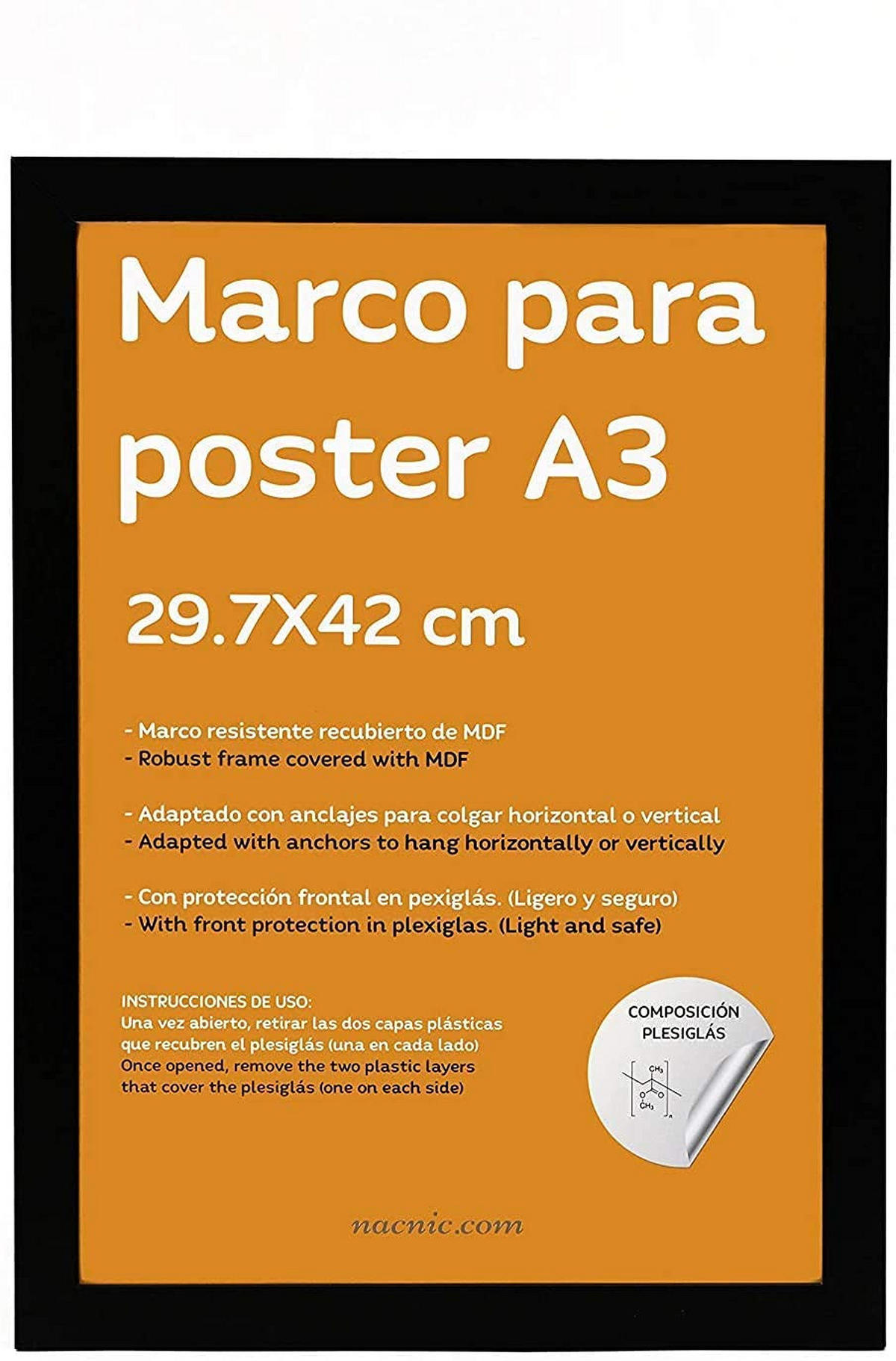 RAHMEN Set mit 12 aus MDF und Acrylglas Schutz und Aussteller für Fotografien, Bilder, Poster, Gemälde, Dekoration für Haus Farbe Schwarz A3 - Schwarz, Holz (29.7/3/42cm) - Nacnic