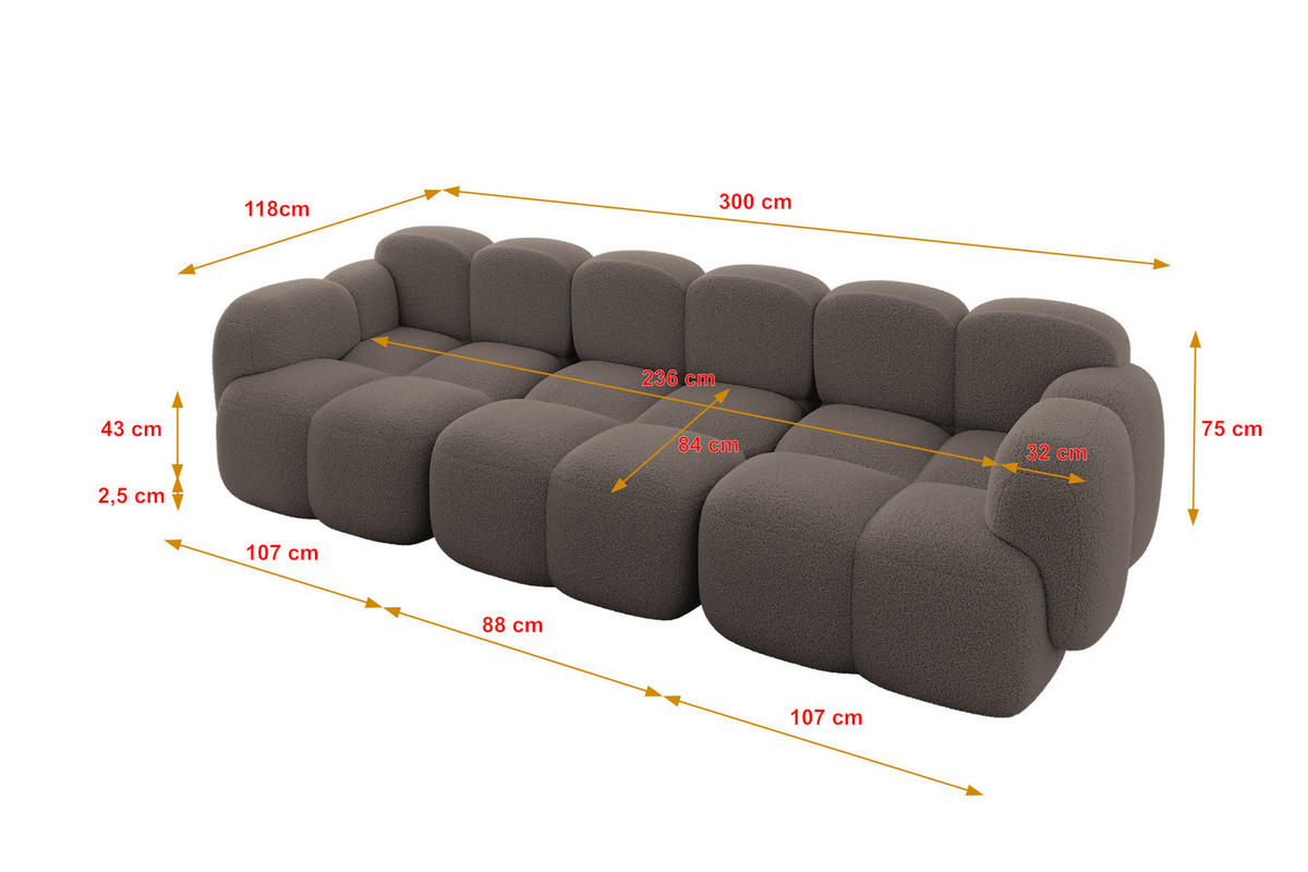3-SITZER modulares Sofa Miko-S2 300x118x75 cm Braun Bouclé - Dunkelbraun/Schwarz, Holzwerkstoff/Kunststoff (300/75/118cm) - ALTDECOR