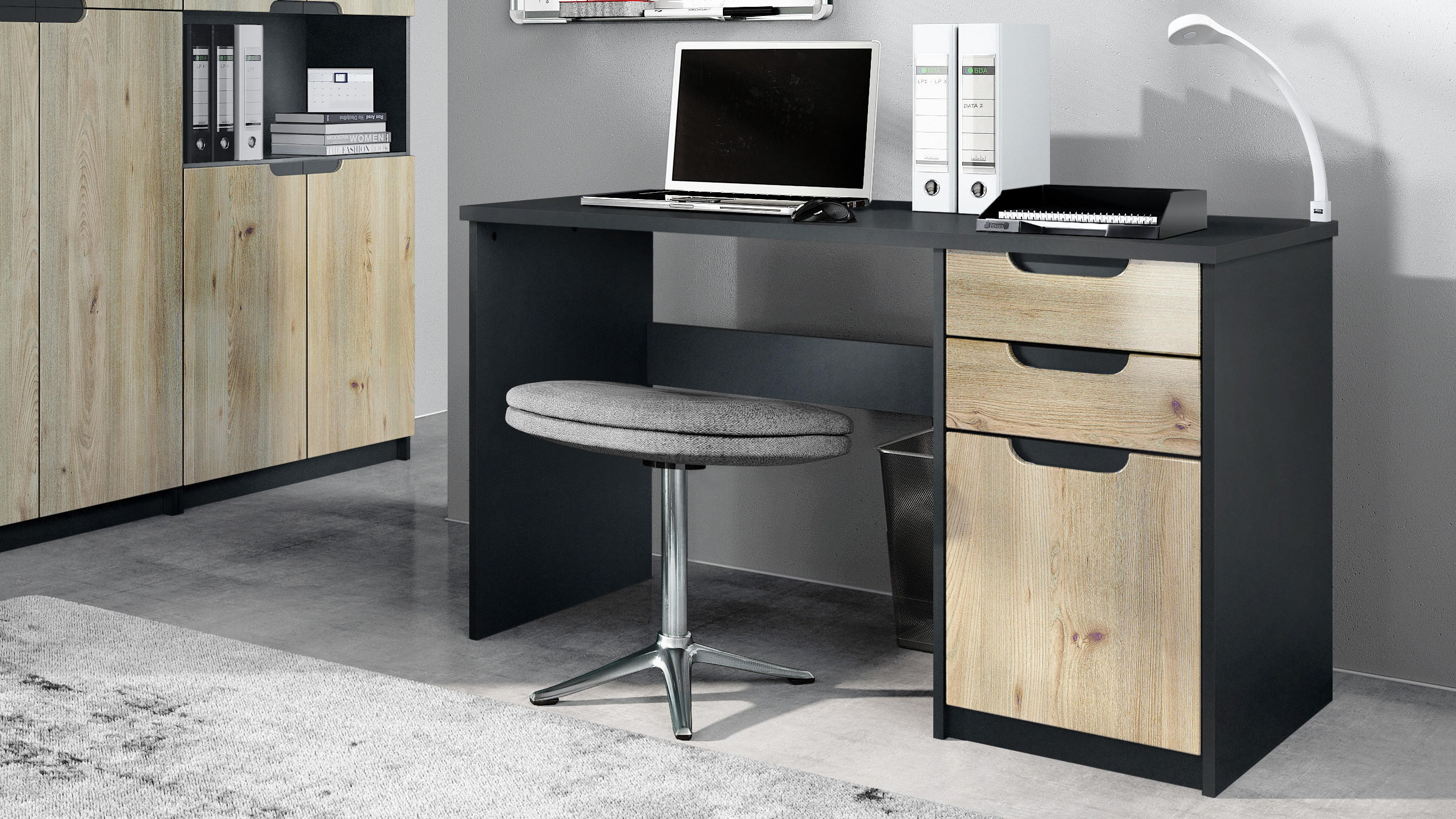 SCHREIBTISCH Logan Fronten in Eiche Nordic - Silbereichenfarben, Holzwerkstoff (60/129/76cm) - Vladon