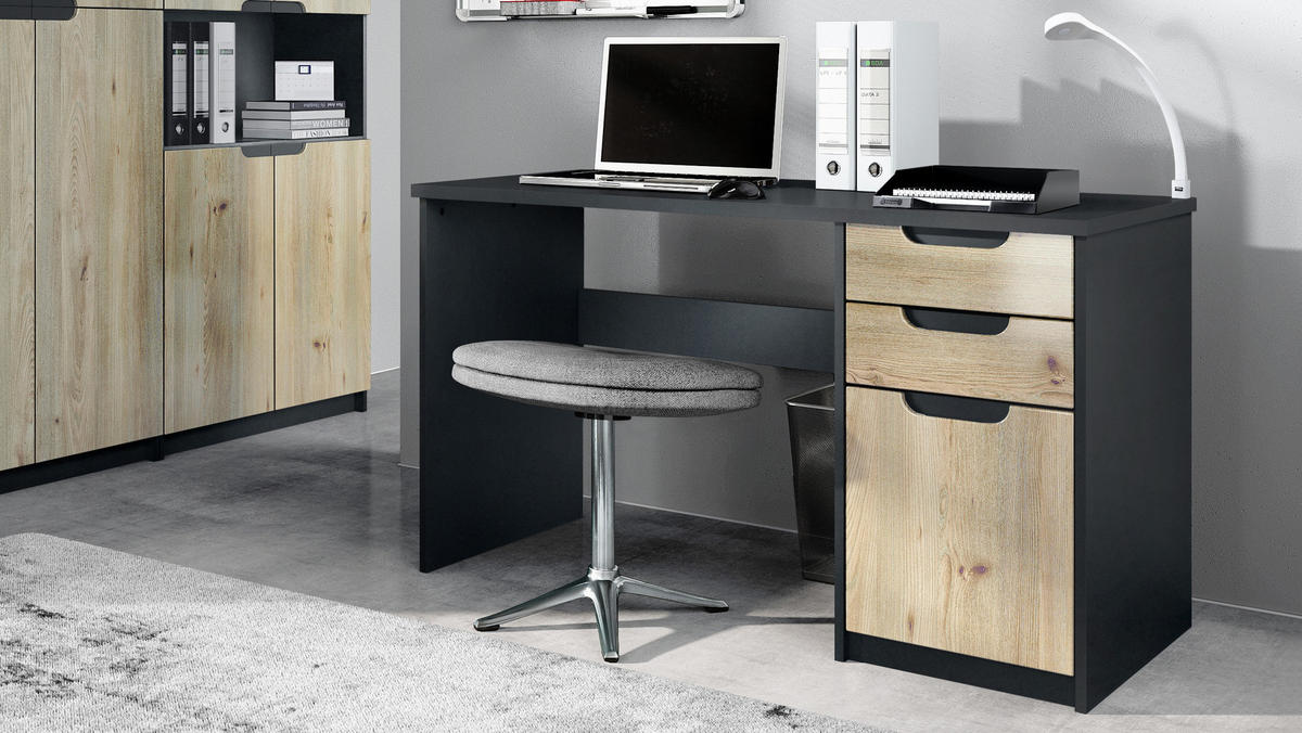 SCHREIBTISCH Logan Fronten in Eiche Nordic - Silbereichenfarben, Holzwerkstoff (60/129/76cm) - Vladon