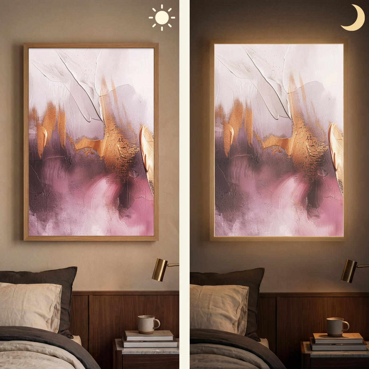 NÁSTĚNNÁ LAMPA S AKUMULÁTOREM Fialová - abstraktní - barva - zlatá 60x90 cm - světle fialová, kompozitní dřevo (60/90/8cm) - OnlyWow