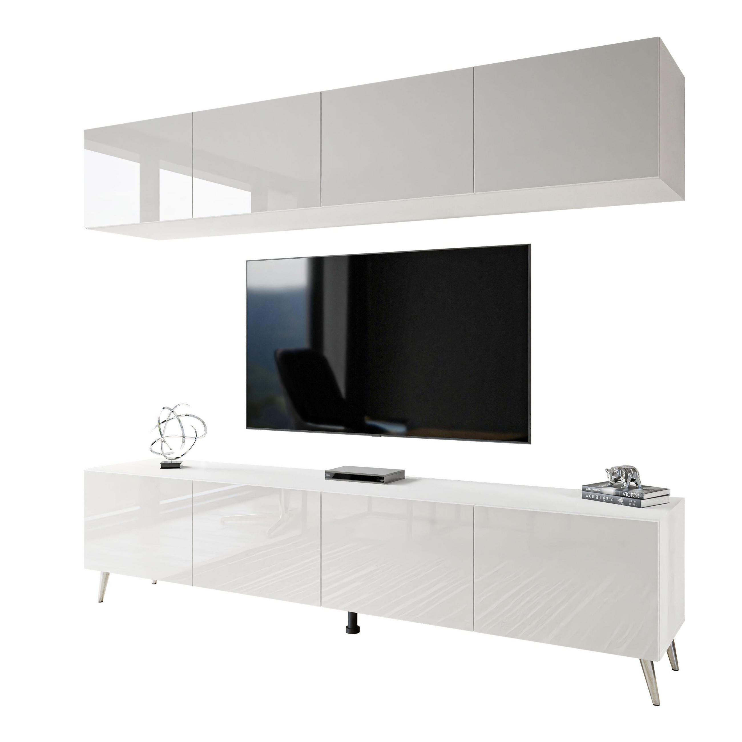 WOHNWÄNDE AURA PUSH-OPEN Weiß Hochglanz mit LED-Beleuchtung – Füße in Chrom - Chromfarben/Weiß Hochglanz, Holzwerkstoff (200/49/40cm) - Lookway