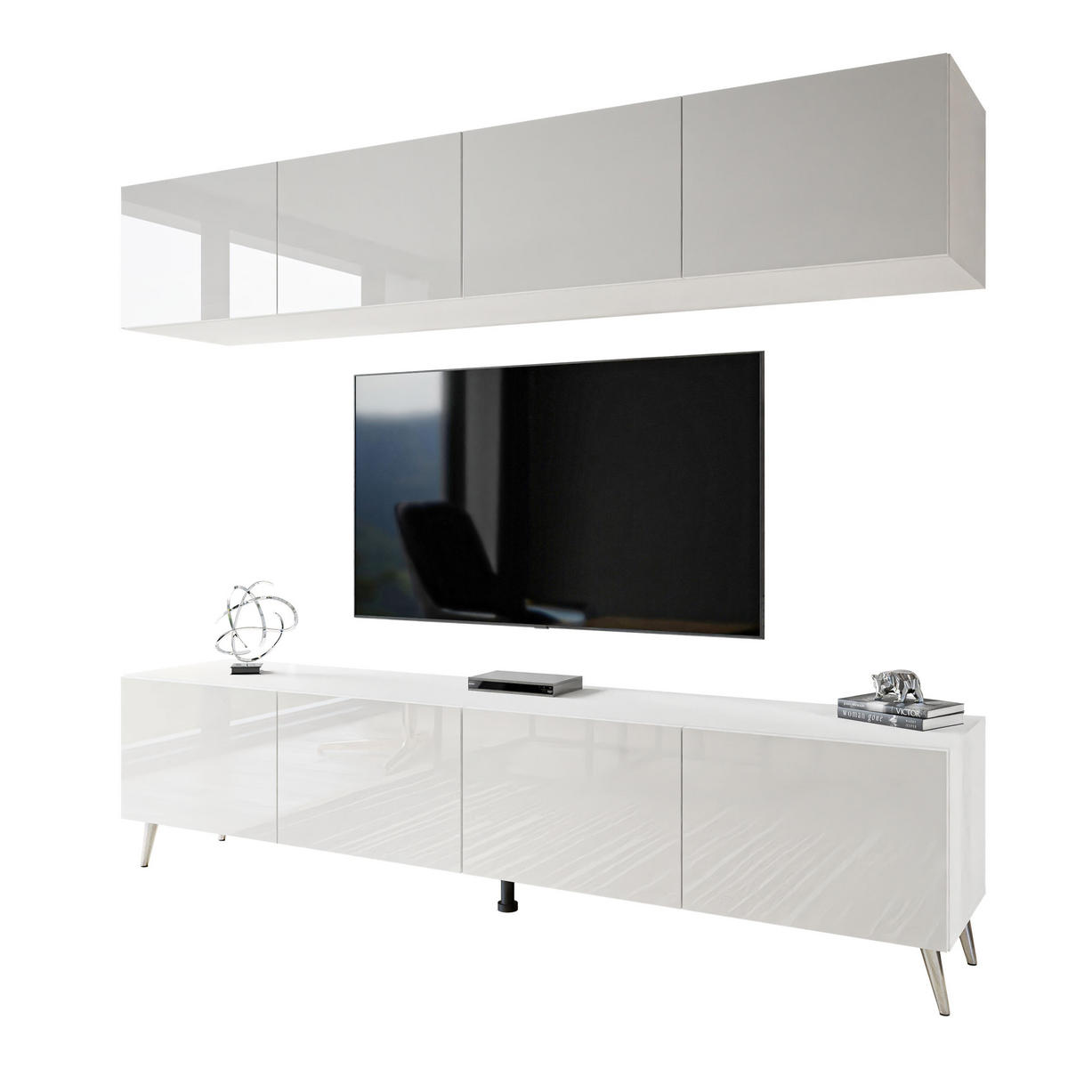 WOHNWÄNDE AURA PUSH-OPEN Weiß Hochglanz mit LED-Beleuchtung – Füße in Chrom - Chromfarben/Weiß Hochglanz, Holzwerkstoff (200/49/40cm) - Lookway