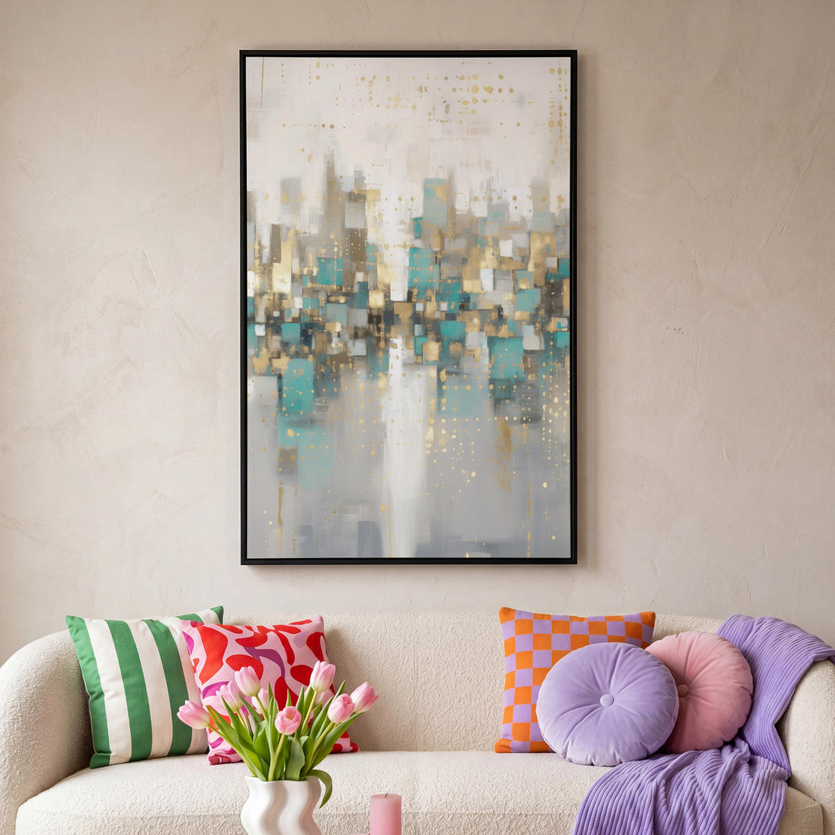 LEINWAND Bilder mit Rahmen - Abstrakt - Blöcke - Gold - Skyline - 80x120 - Beige, Textil (80/120cm) - MuchoWow