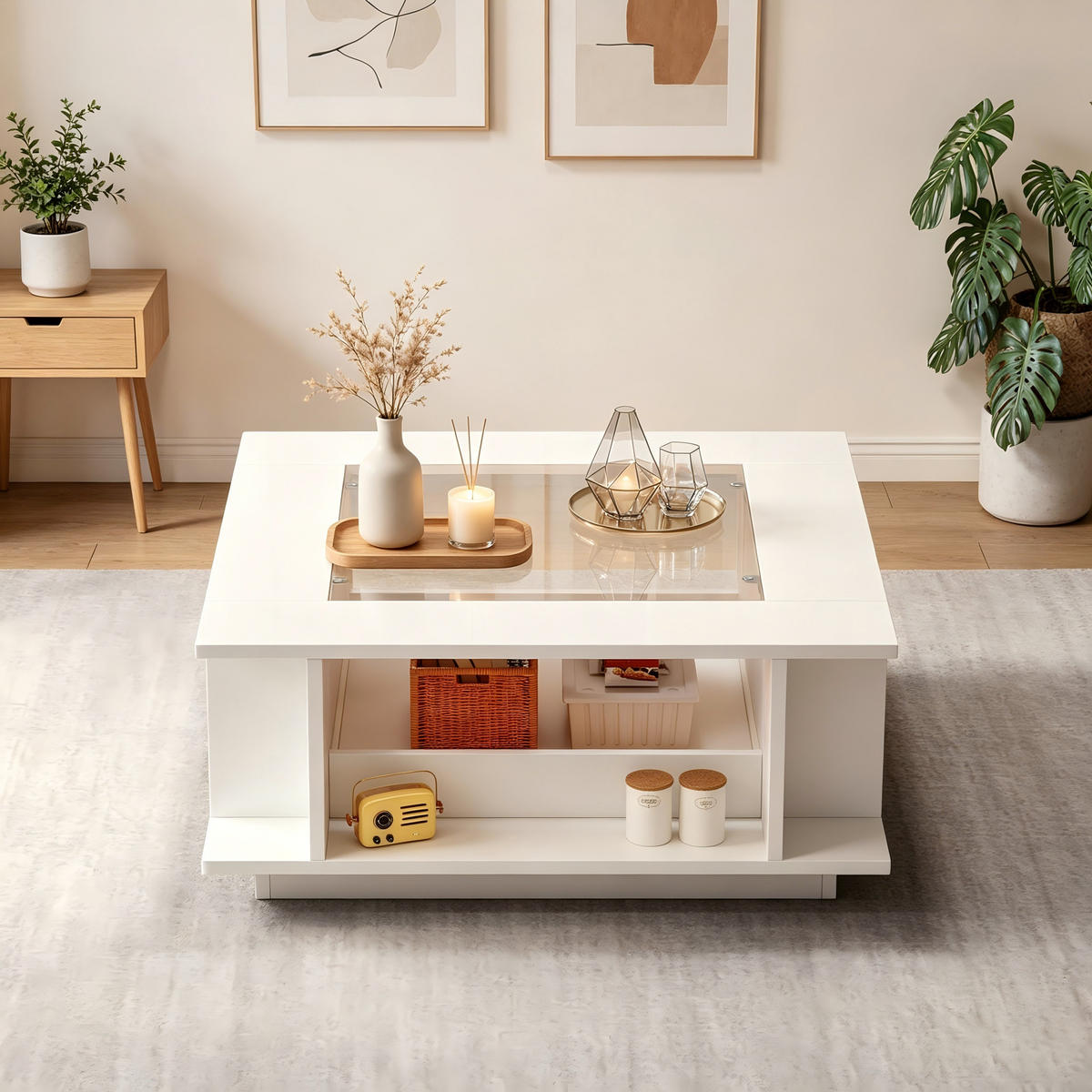 COUCHTISCH mit Hochglanz Weiß und Glasplatte integrierten Ablagen LED-Beleuchtung 70/70/30 cm - Weiß, Glas/Holzwerkstoff (70/70/30cm) - EVRYAE