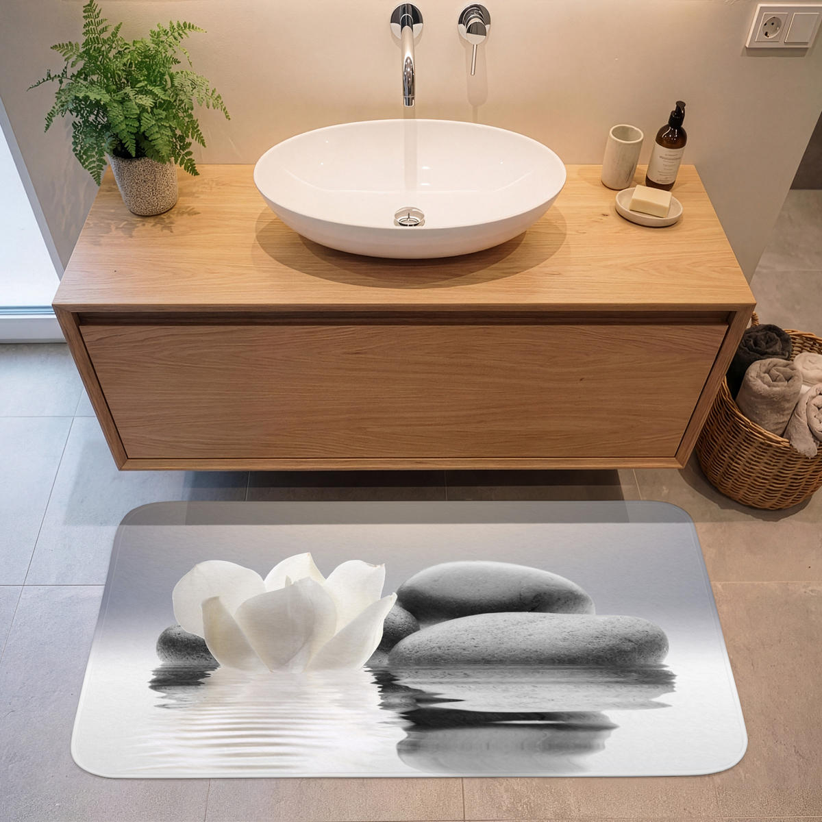 KOUPELNOVÁ PŘEDLOŽKA Kameny - Lotos - Bílý - Voda - Zen 120x60 cm - bílá, textil/plast (120/60cm) - OnlyWow