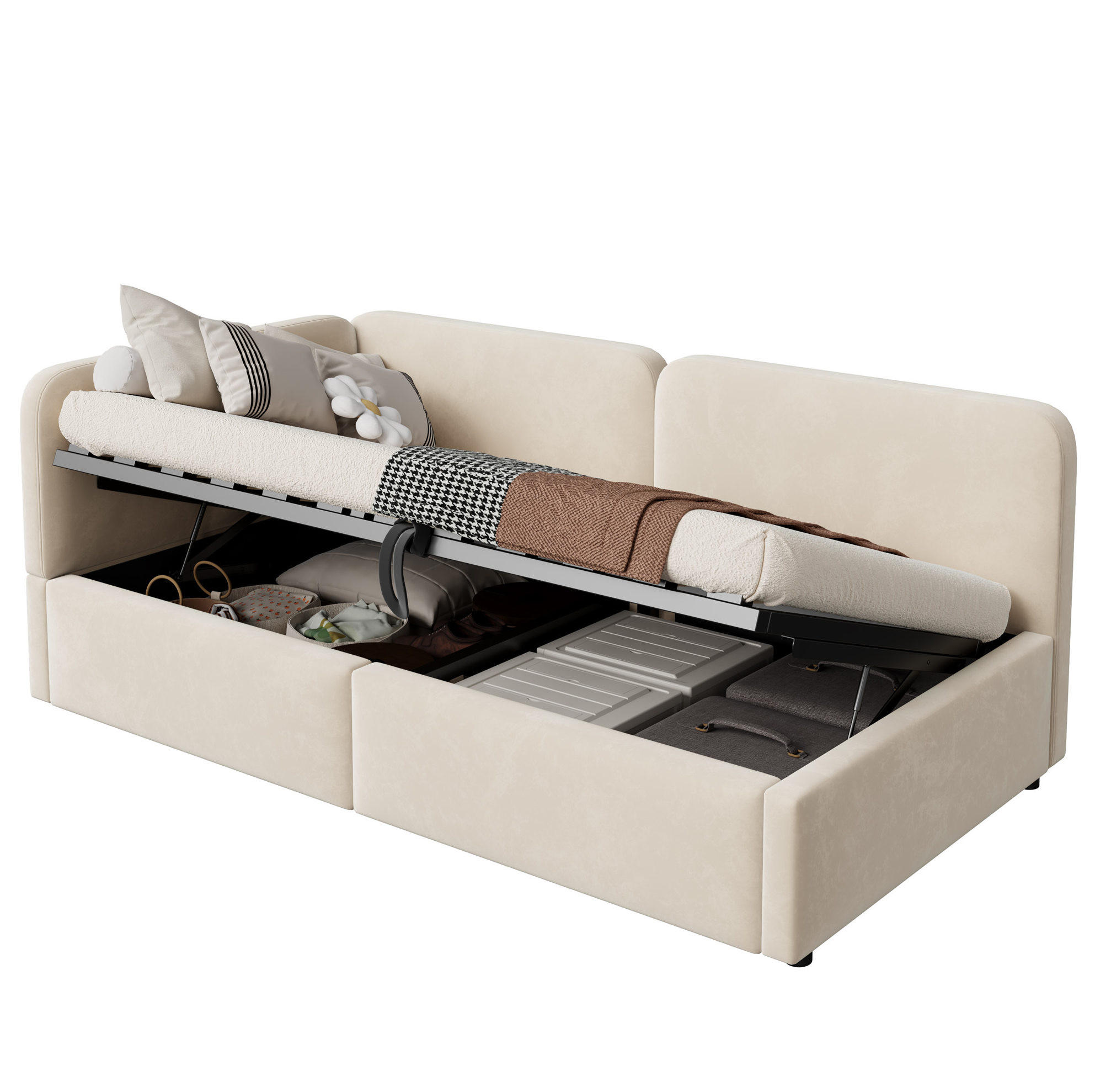 90 x 200 cm Samt-Schlafsofa mit hydraulischem Stauraum, hohem Kopfteil, austauschbarer Rückenlehne, platzsparendes Bett , Beige - Beige, Textil/Metall (90/200cm) - Modenvie