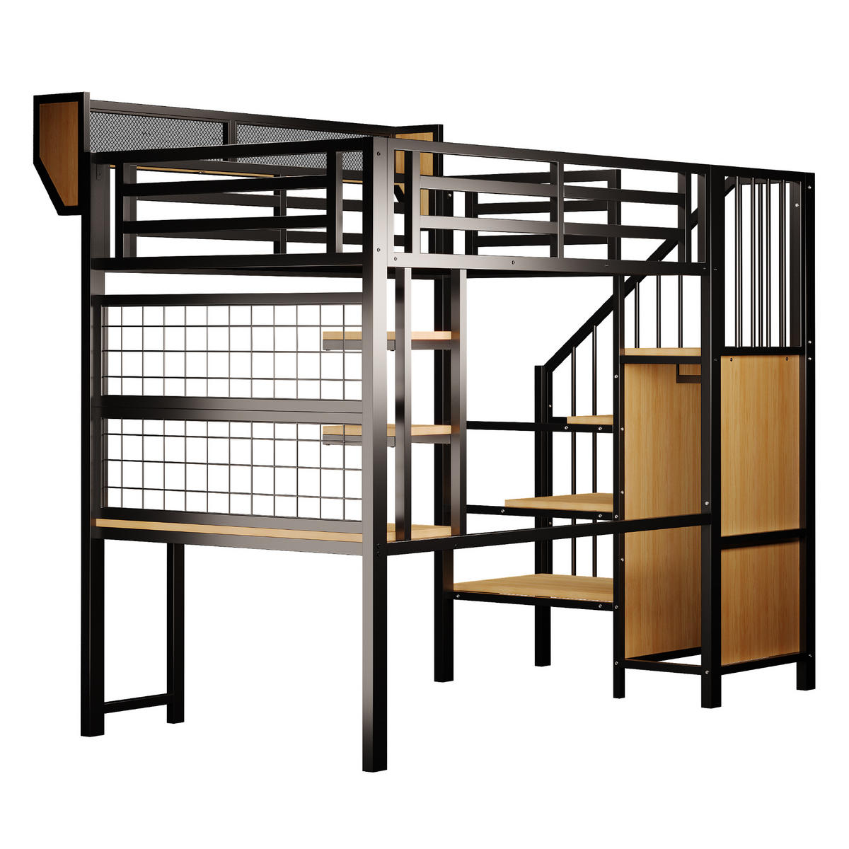 HOCHBETT 90/200 cm DE-01537, in Schwarz, mit Schreibtisch, LED-Beleuchtung und Steckdose - Schwarz, Metall (90/200cm) - ComfortXL