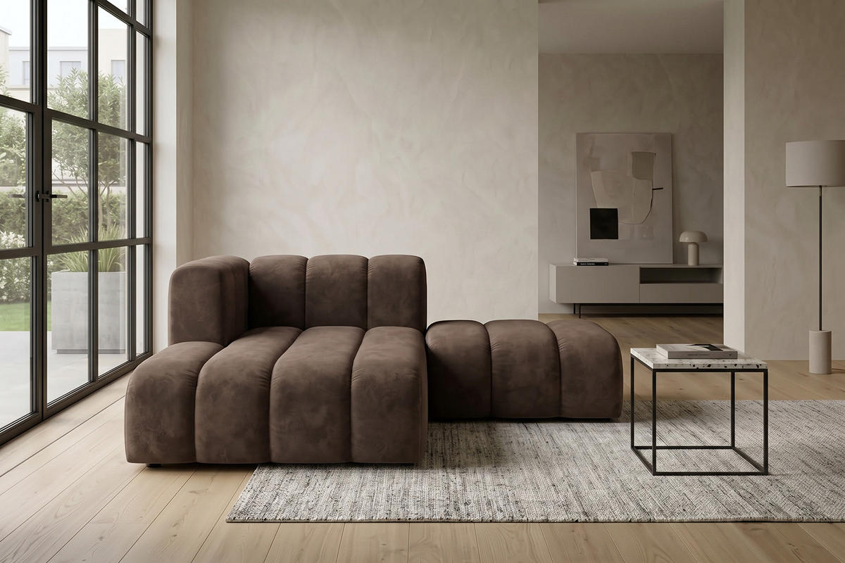 CHAISELONGUE Modulare Mit Hocker, Velvet-Stoff Riviera, Braun, Links, GRAND - Braun, Holz (204/179cm) - Kaiser Möbel