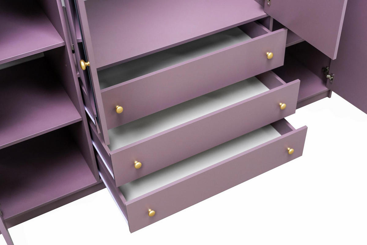 KLEIDERSCHRANK Rainbow Pflaume, viertüriger Drehtürenschränk mit Spiegel und Schubladen - Pflaume, Holzwerkstoff (196/200/58cm) - Bettso