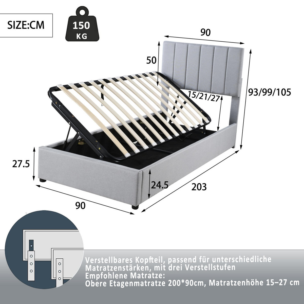 BETT mit hydraulischem Stauraum 90x200 cm Leinenstoff Grau - Grau, Metall (90/200cm) - Beauniv