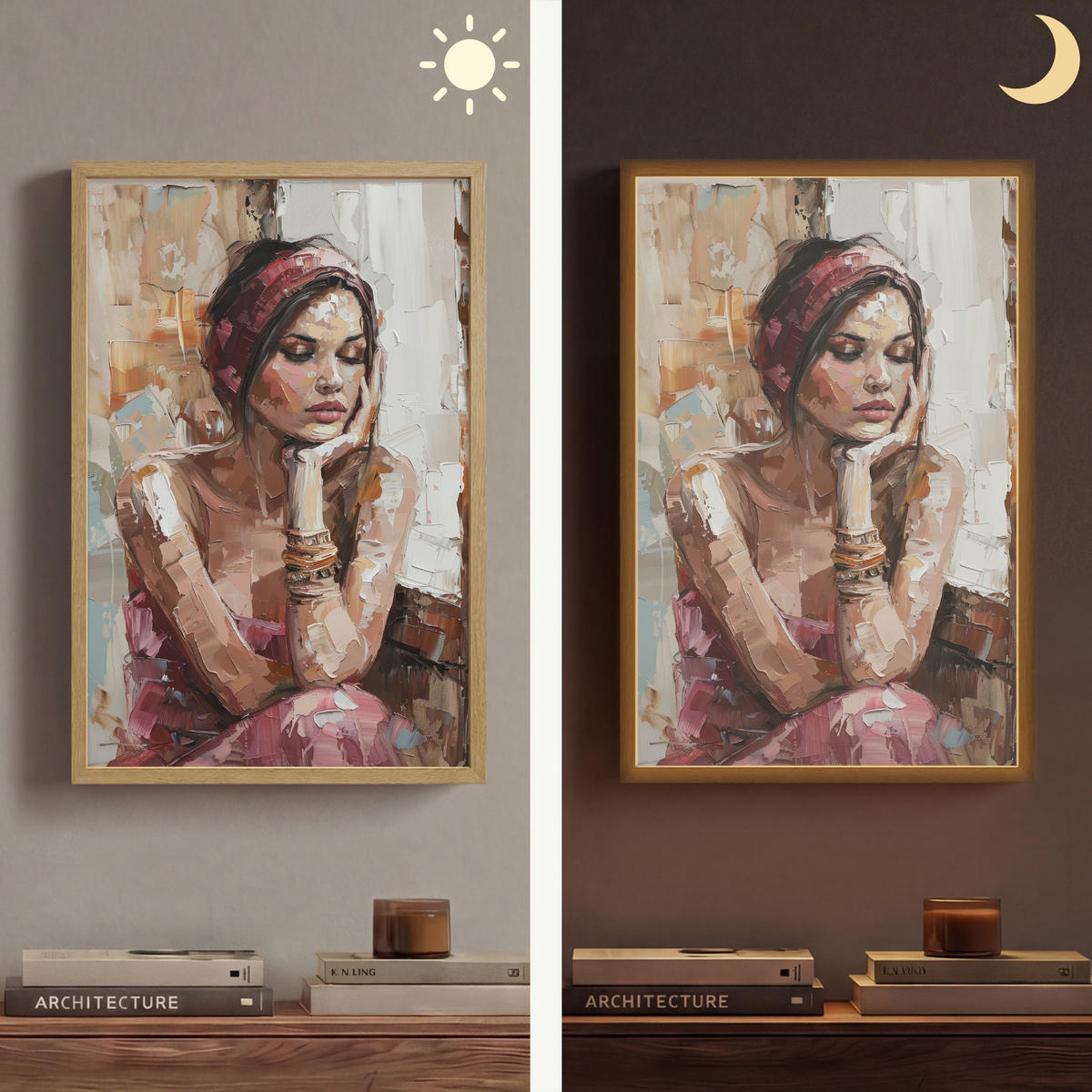NÁSTĚNNÁ LAMPA S AKUMULÁTOREM Žena - vzhled malby - portrét - moderní 40x60 cm - hnědá, kompozitní dřevo (40/60/8cm) - OnlyWow