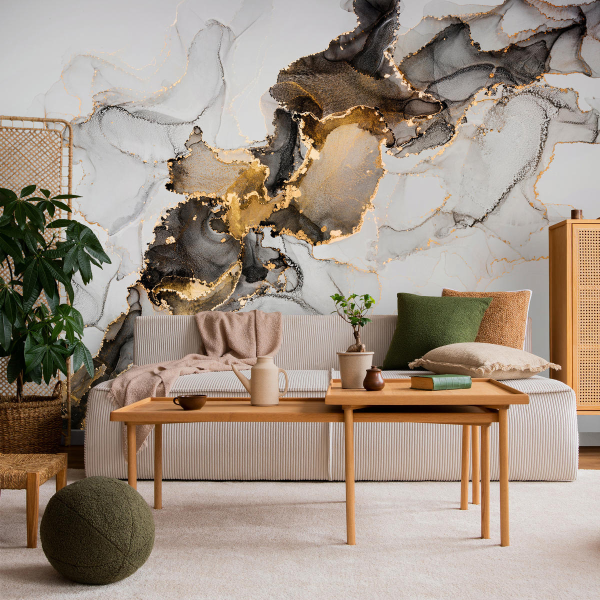 FOTOTAPETE für Badezimmer Moderner Grauer Marmor Gold Schwarz Imitation 400x280 - Beige/Grau, Papier (400/280cm) - Muralo